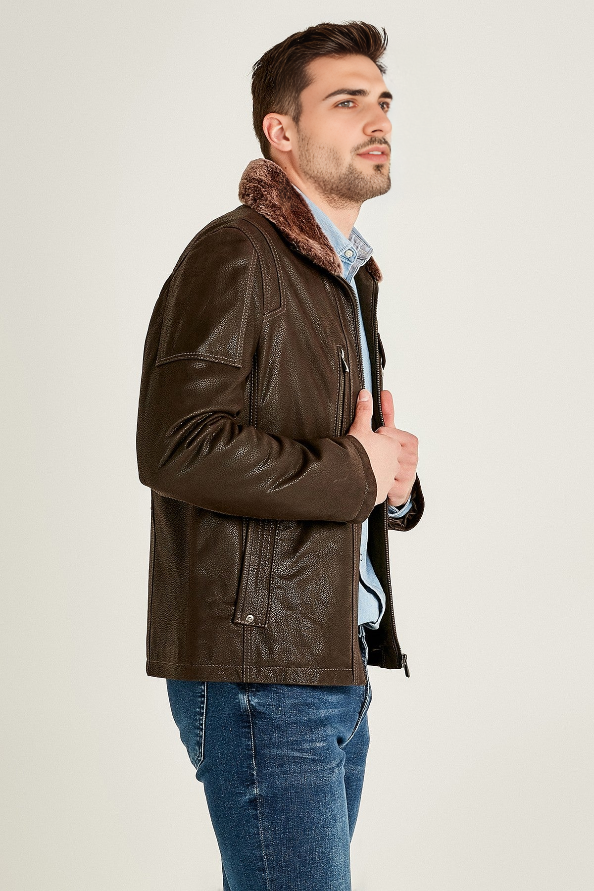 Angelo Men's Brown Fur Collar Leather Jacket For Men