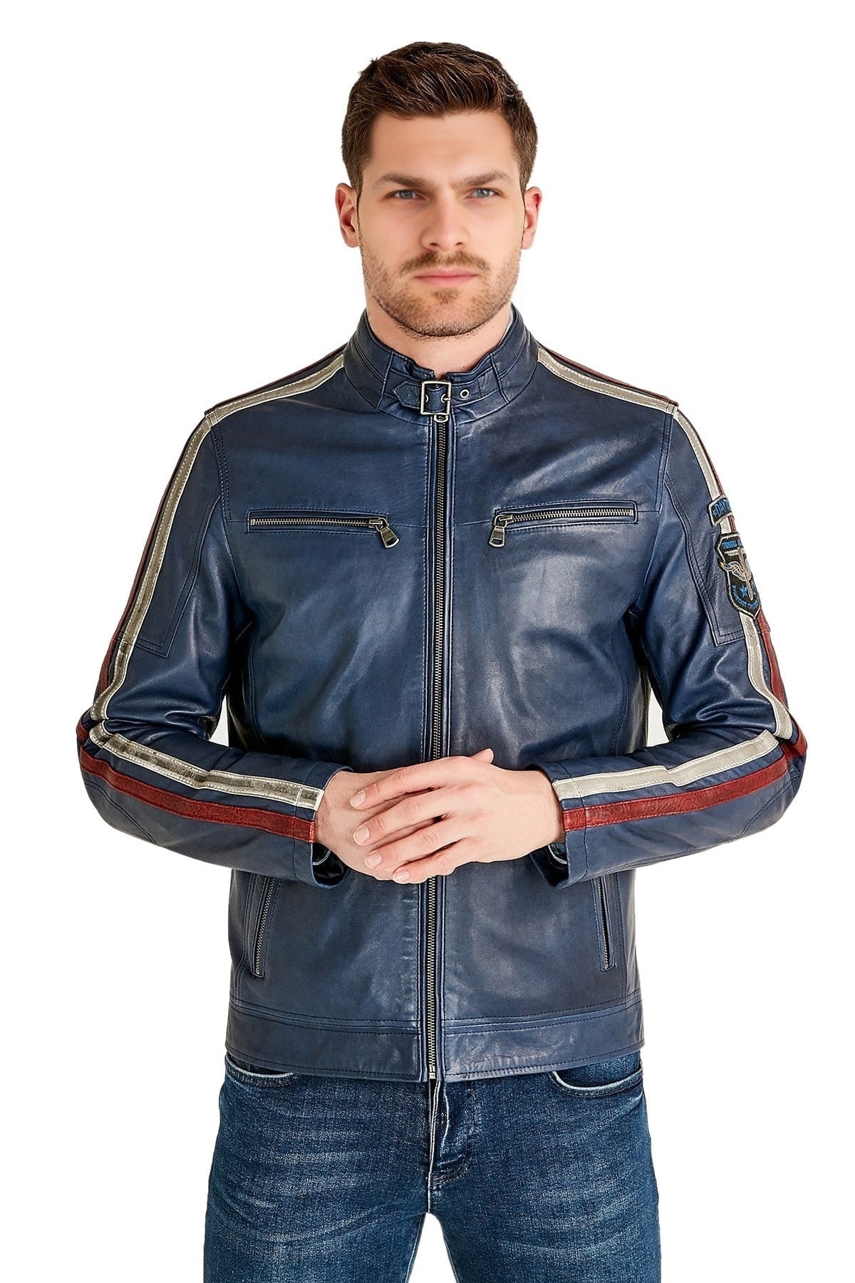Austin Blue Red And White Stripes Leather Jacket For Men