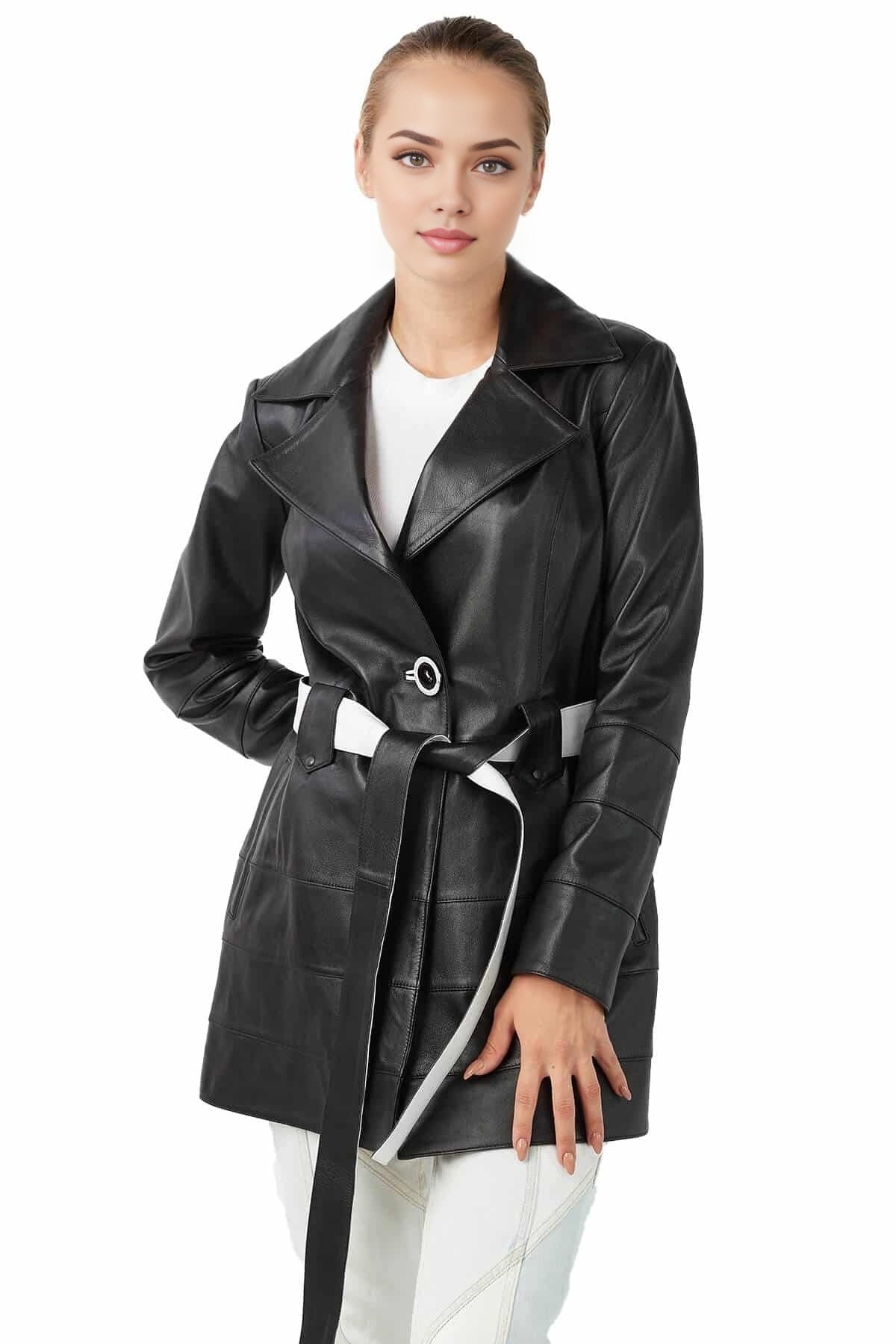 Gianna Black Trench Leather Coat For Women