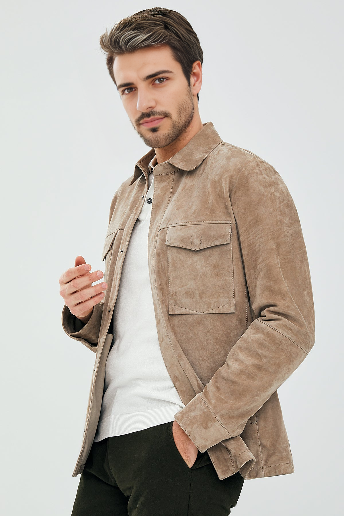Navas Beige Shirt Style Suede Leather Jacket For Men