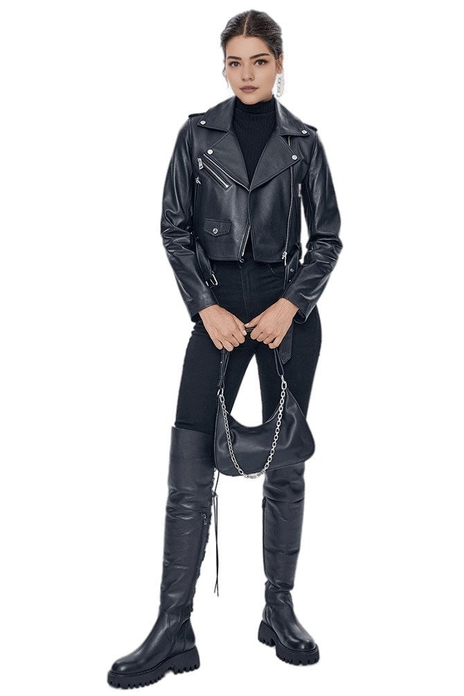 Autumn Black Short Stylish Leather Jacket For Women