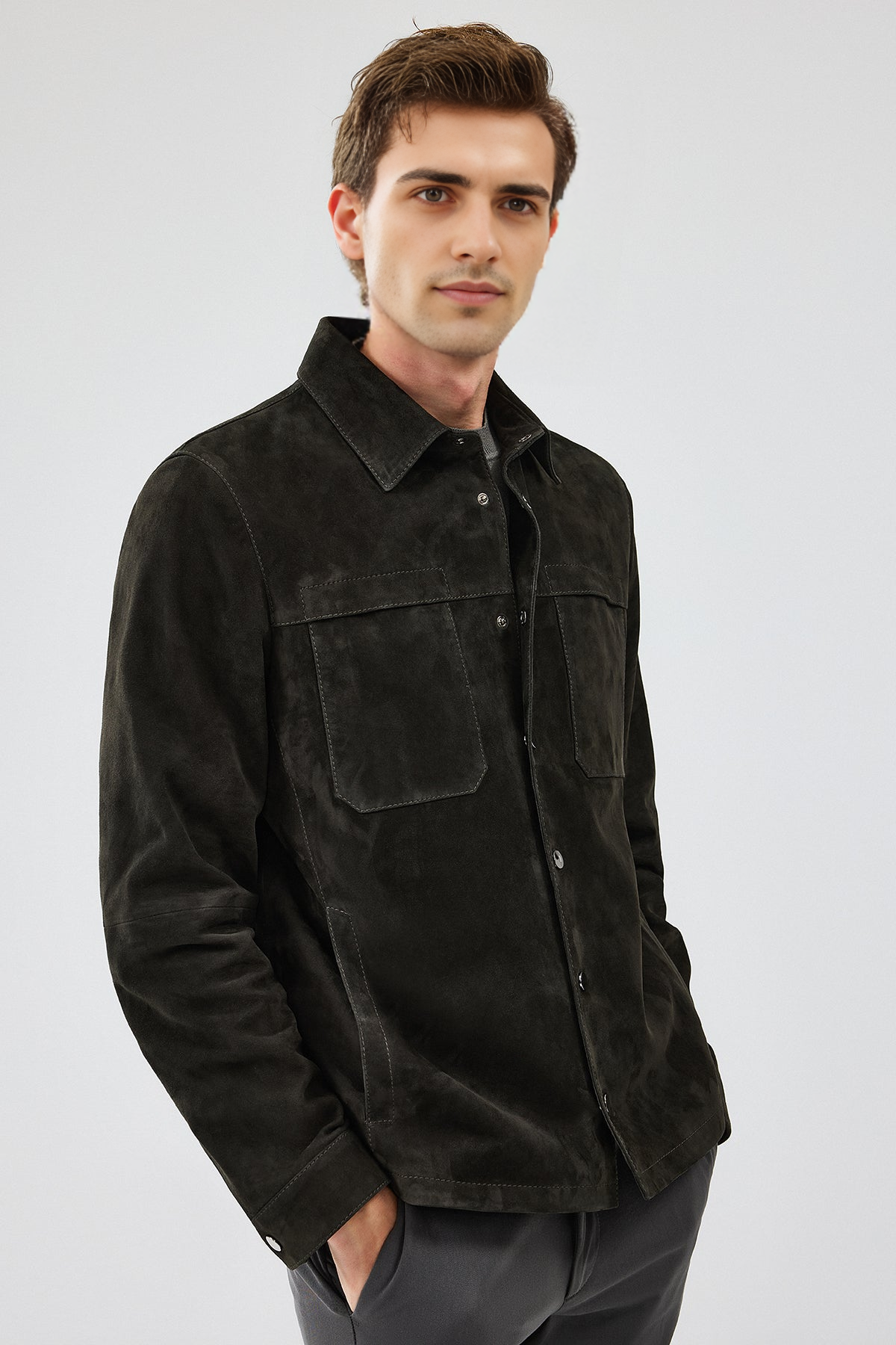 Enzo Anthracite Shirt Collar Suede Leather Jacket For Men