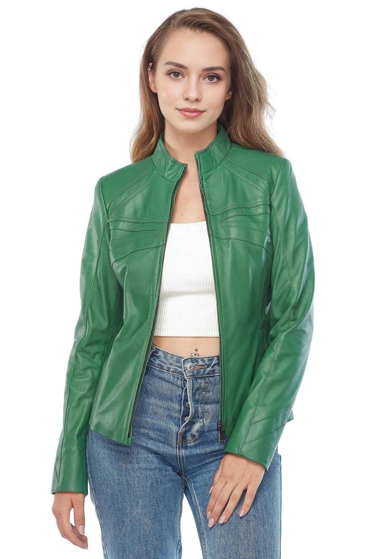Melody Green Biker Leather Jacket For Women
