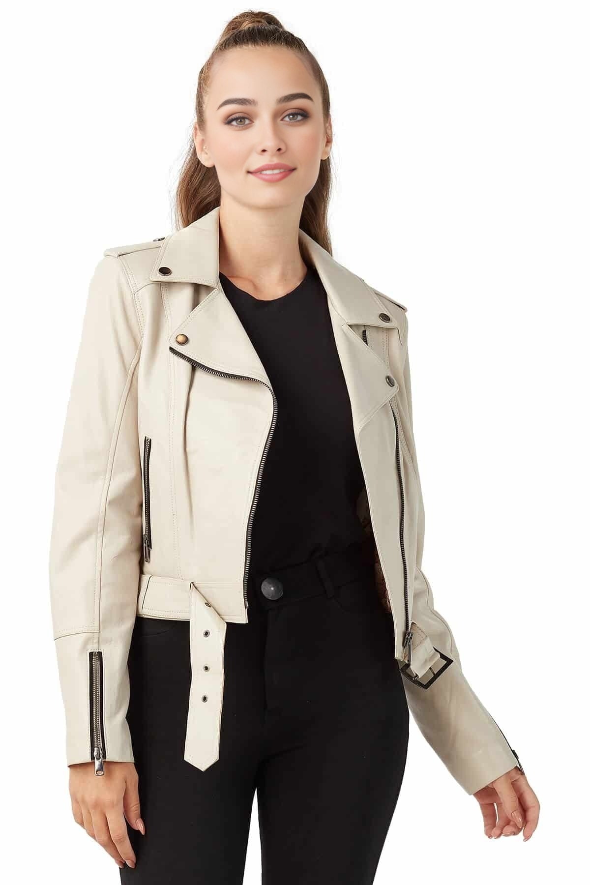 Journi Beige Leather Jacket For Women