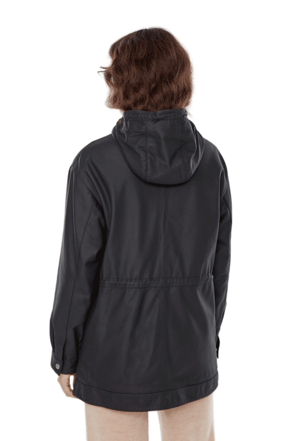 Teresa Black Leather Coat With Hoodie For Women