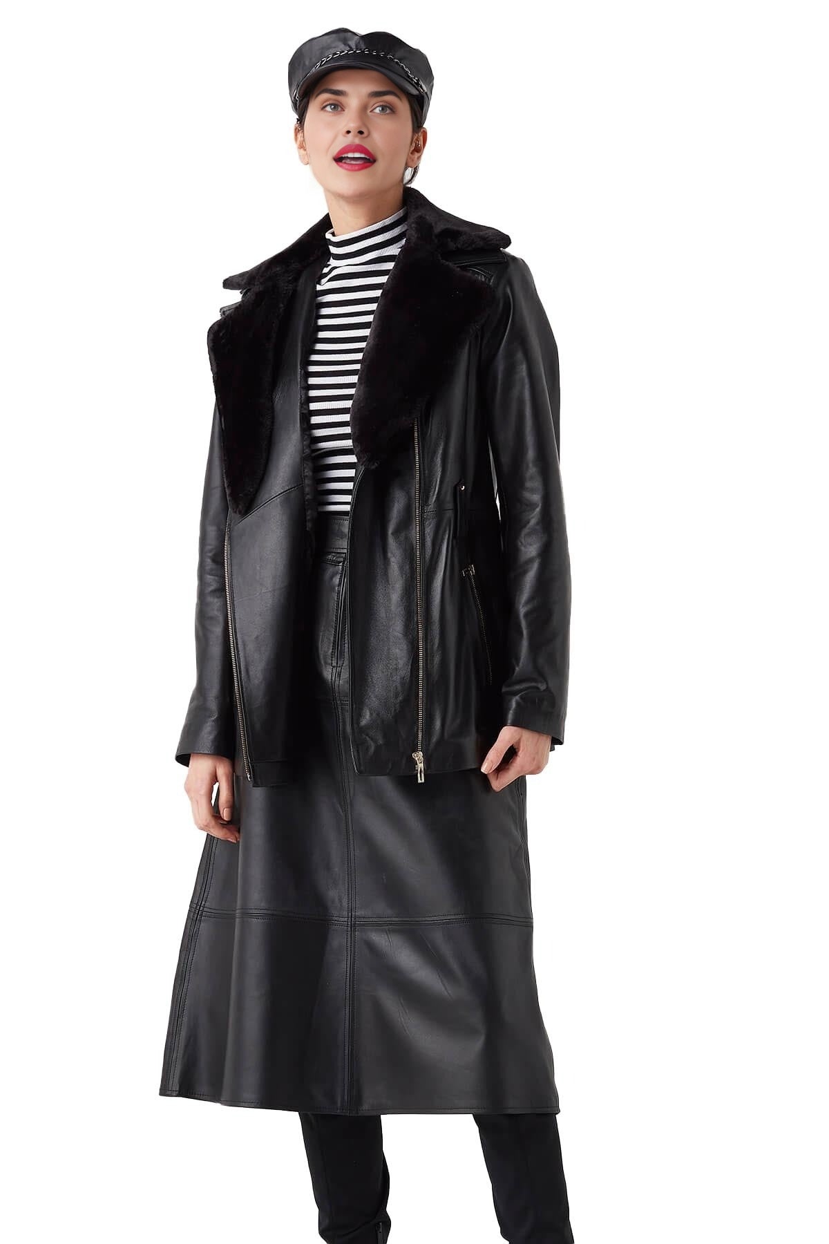 Charlotte Black Blazer Fur Leather Jacket For Women