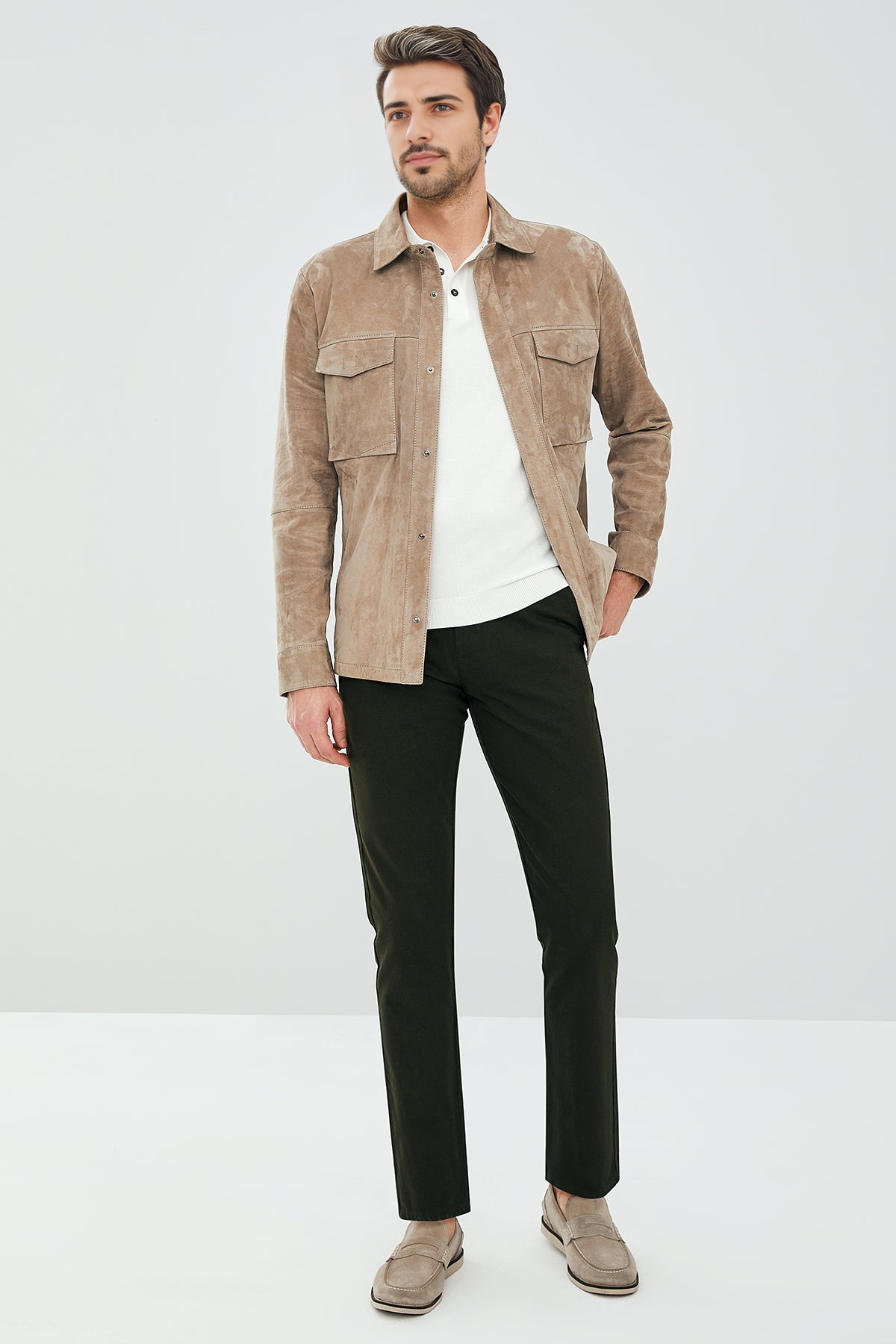 Beige Shirt Style Suede Leather Jacket For Men