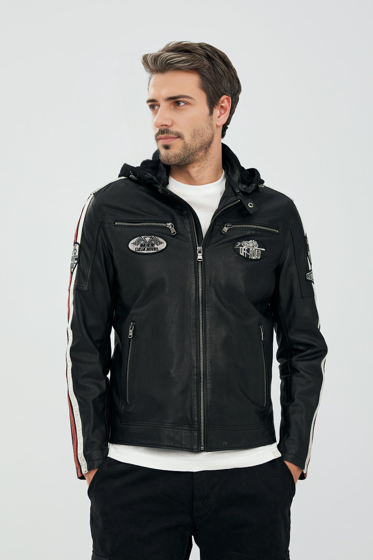 Black Emblem Hooded Sports Leather Jacket For Men