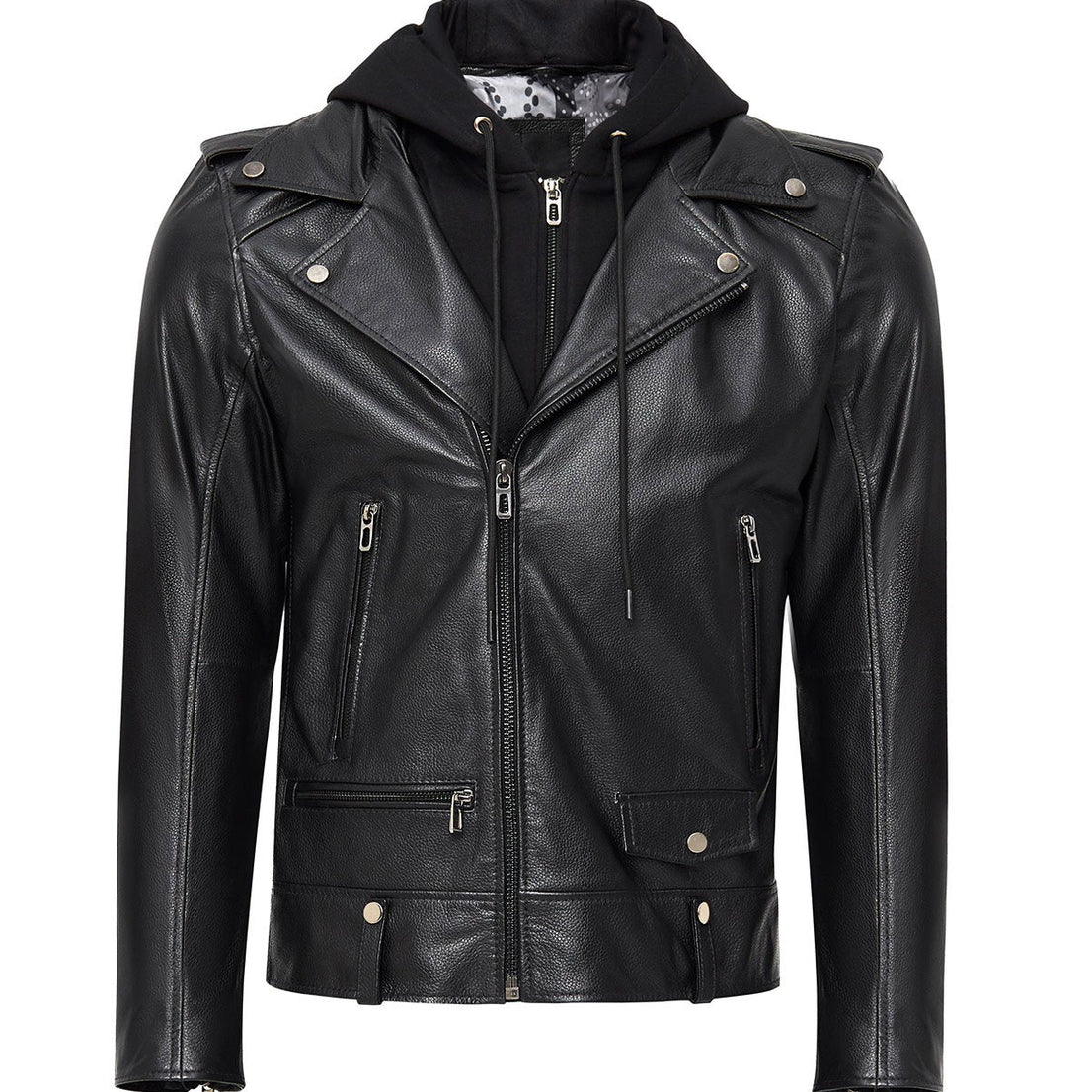 Black Hooded Biker Leather Jacket For Men