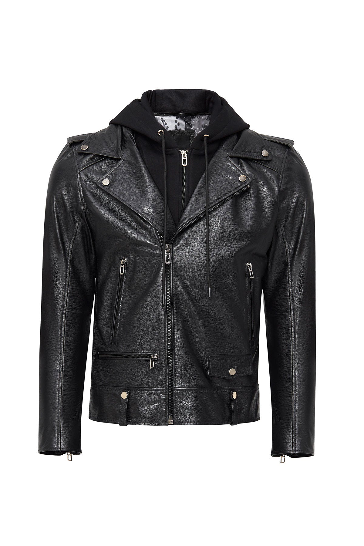 Black Hooded Biker Leather Jacket For Men