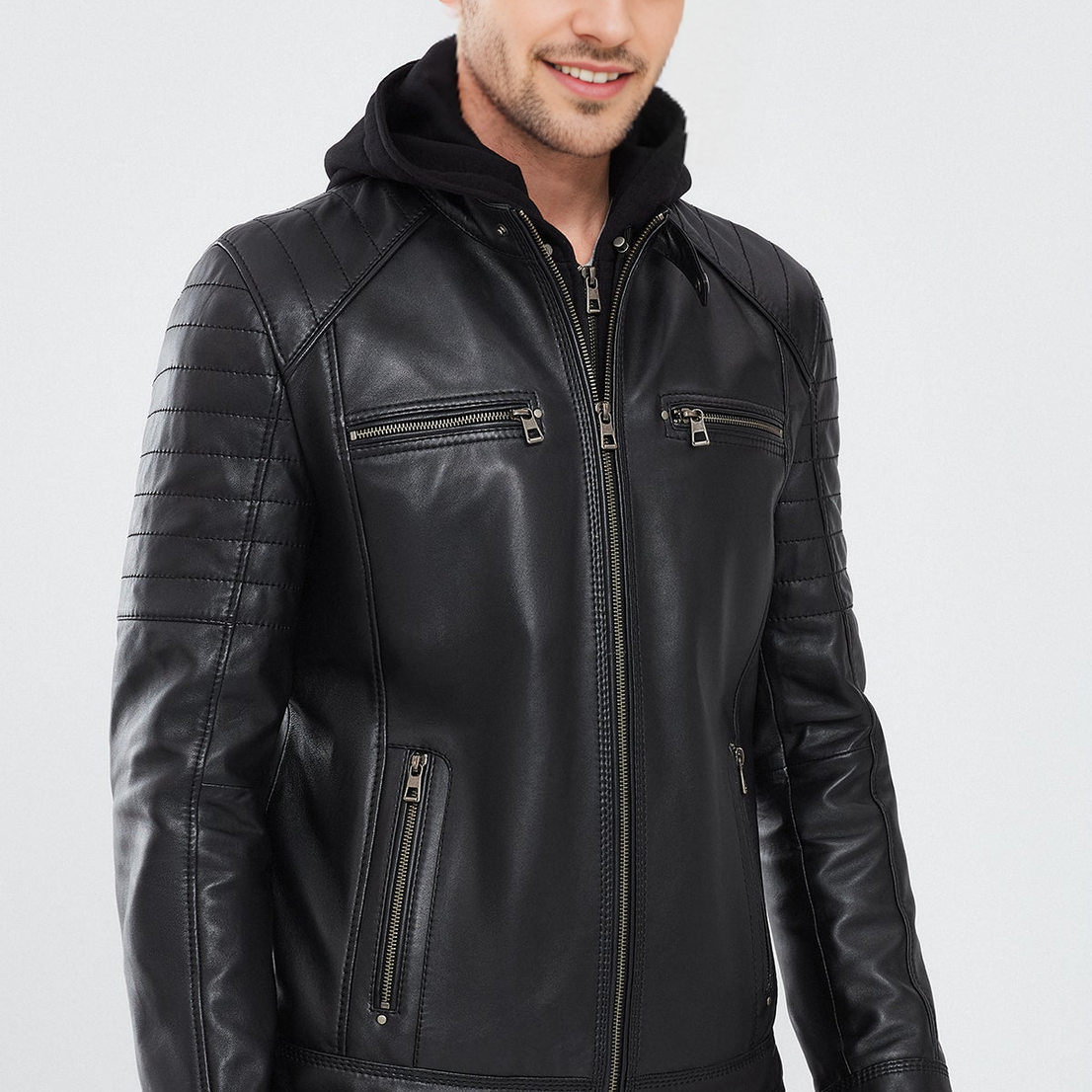 Black Hooded Sports Leather Jacket For Men