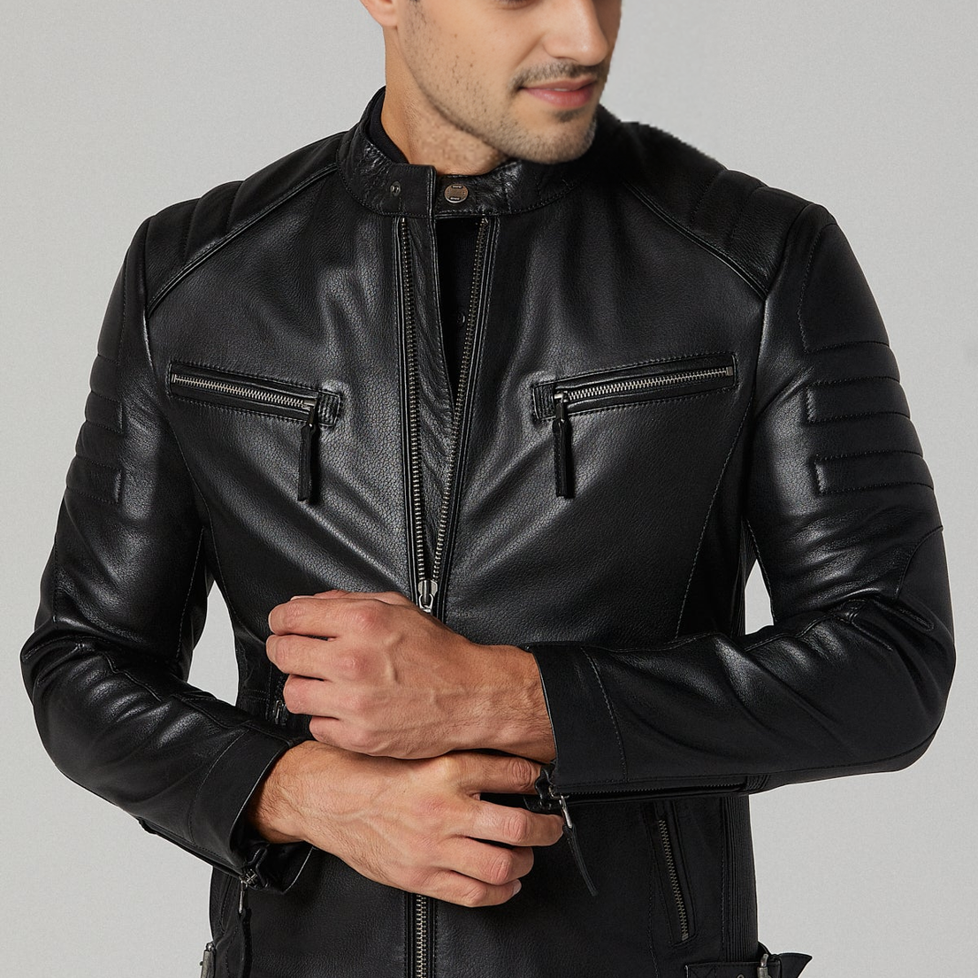 Black Slim-Fit Leather Jacket For X-Me