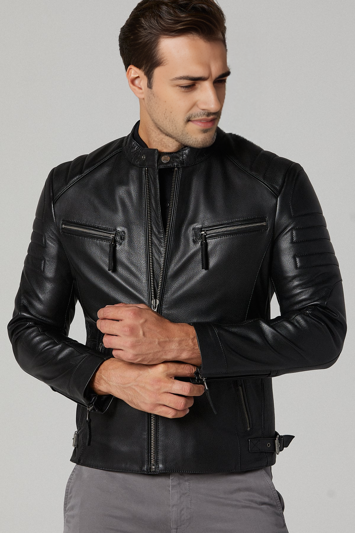 Black Slim-Fit Leather Jacket For X-Me