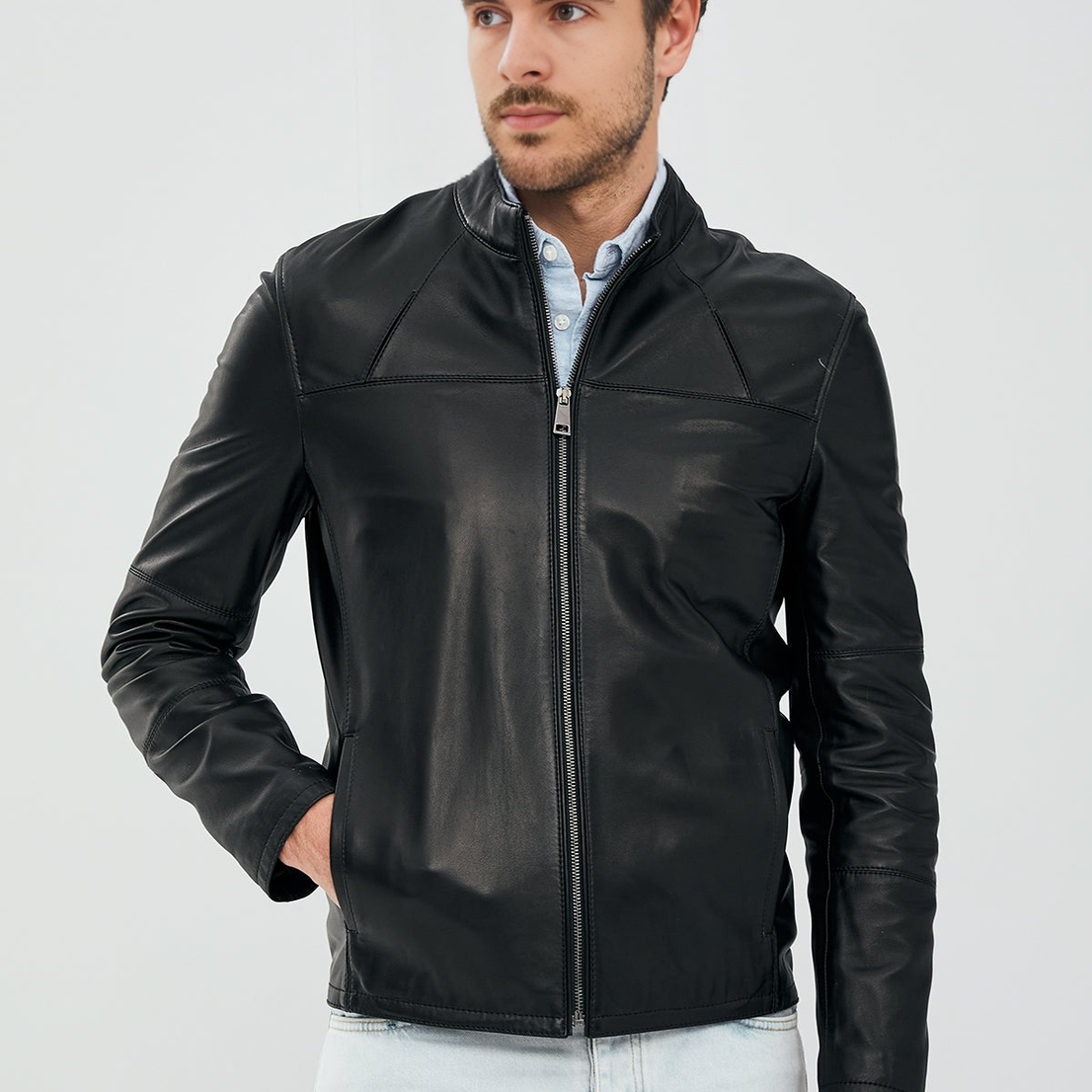 Black SlimFit Short Leather Jacket For Men