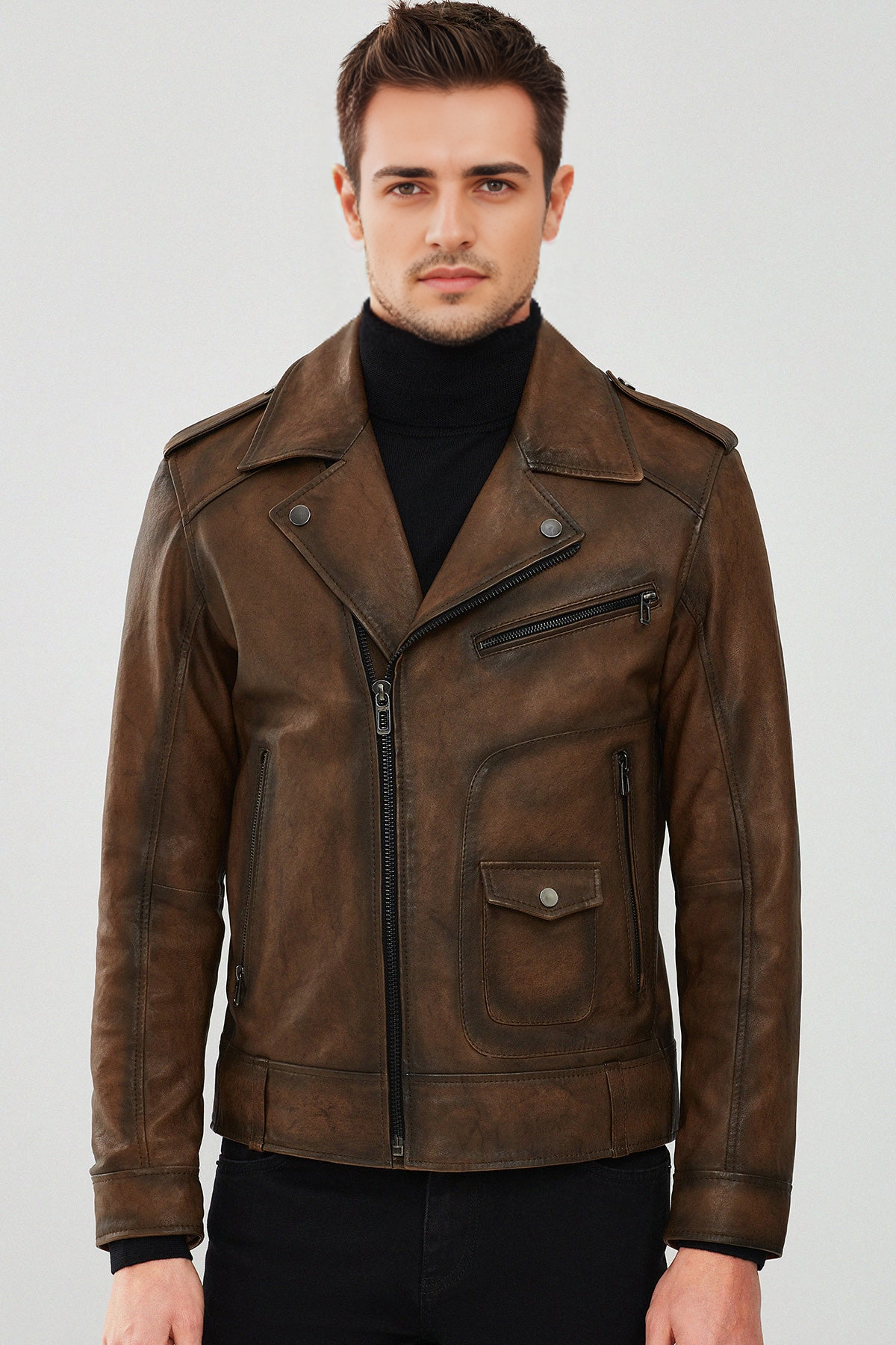 Brown Biker Leather Jacket For Men