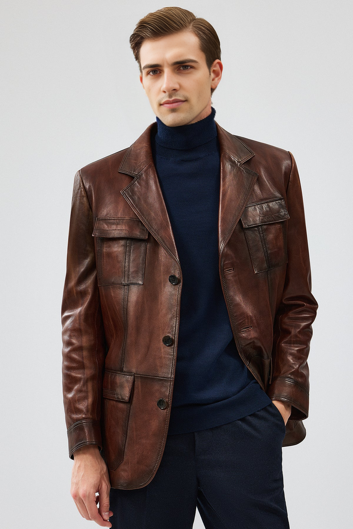 Brown Blazer Leather Jacket For Men