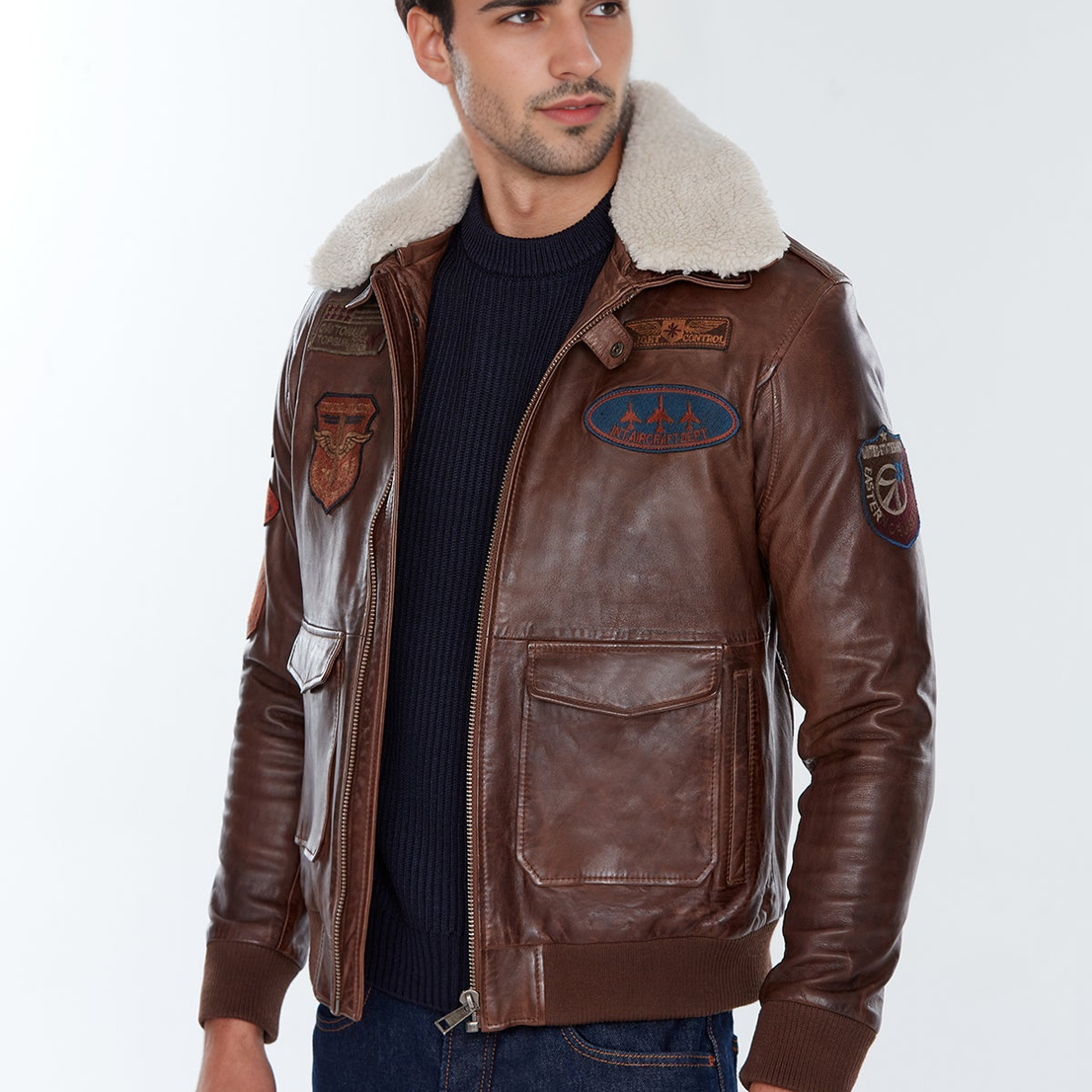 Brown Fur Collar Pilot Leather Jacket For Men