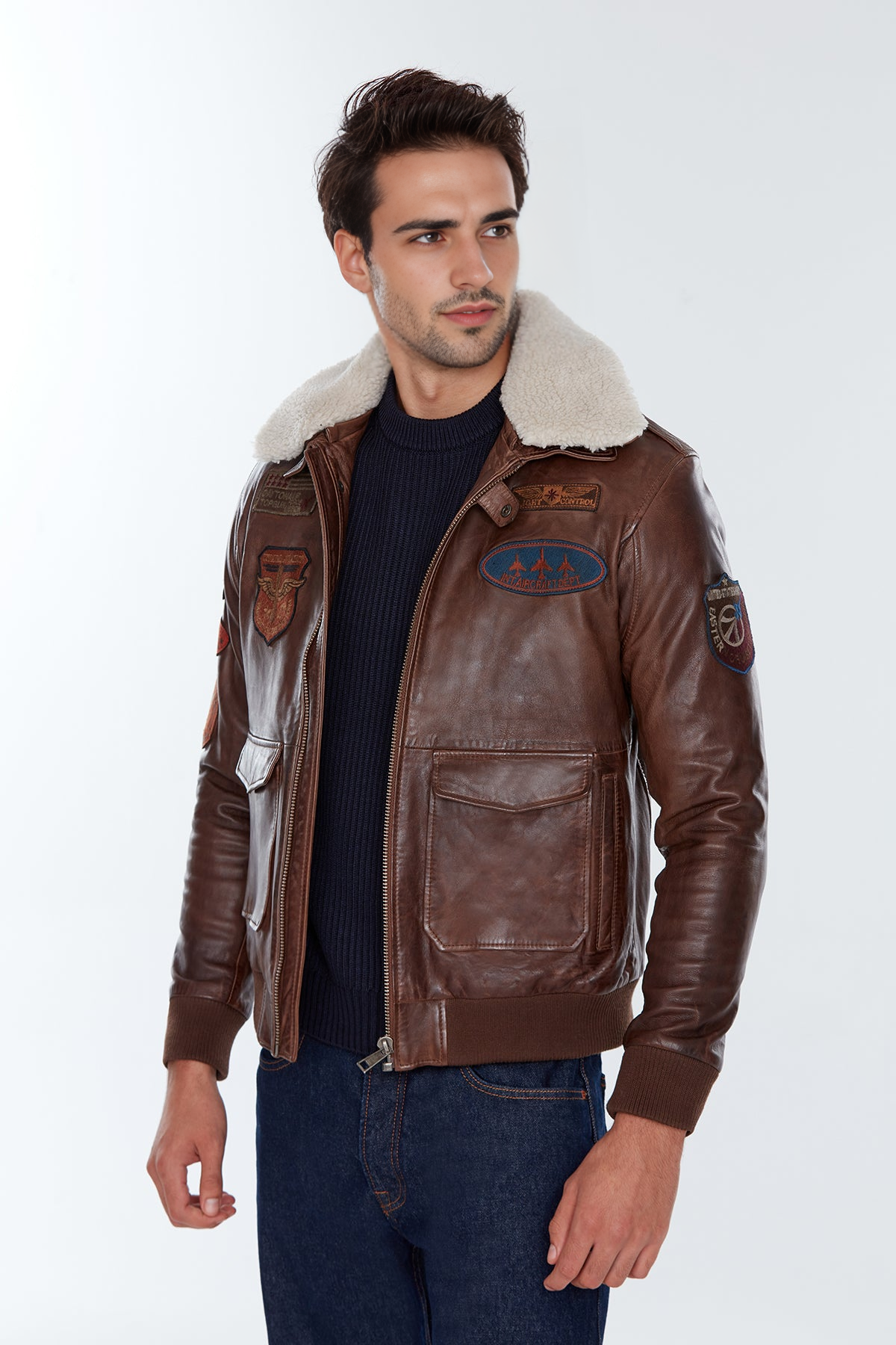 Brown Fur Collar Pilot Leather Jacket For Men