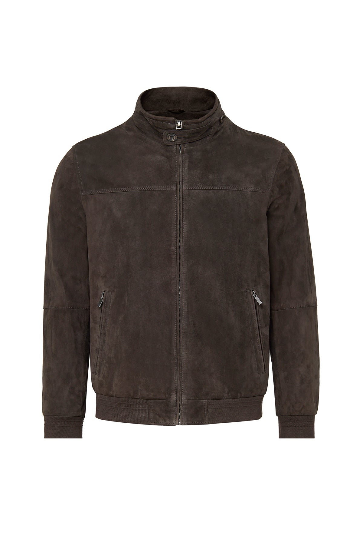 Brown Mandarin Collar Suede Leather Jacket For Men