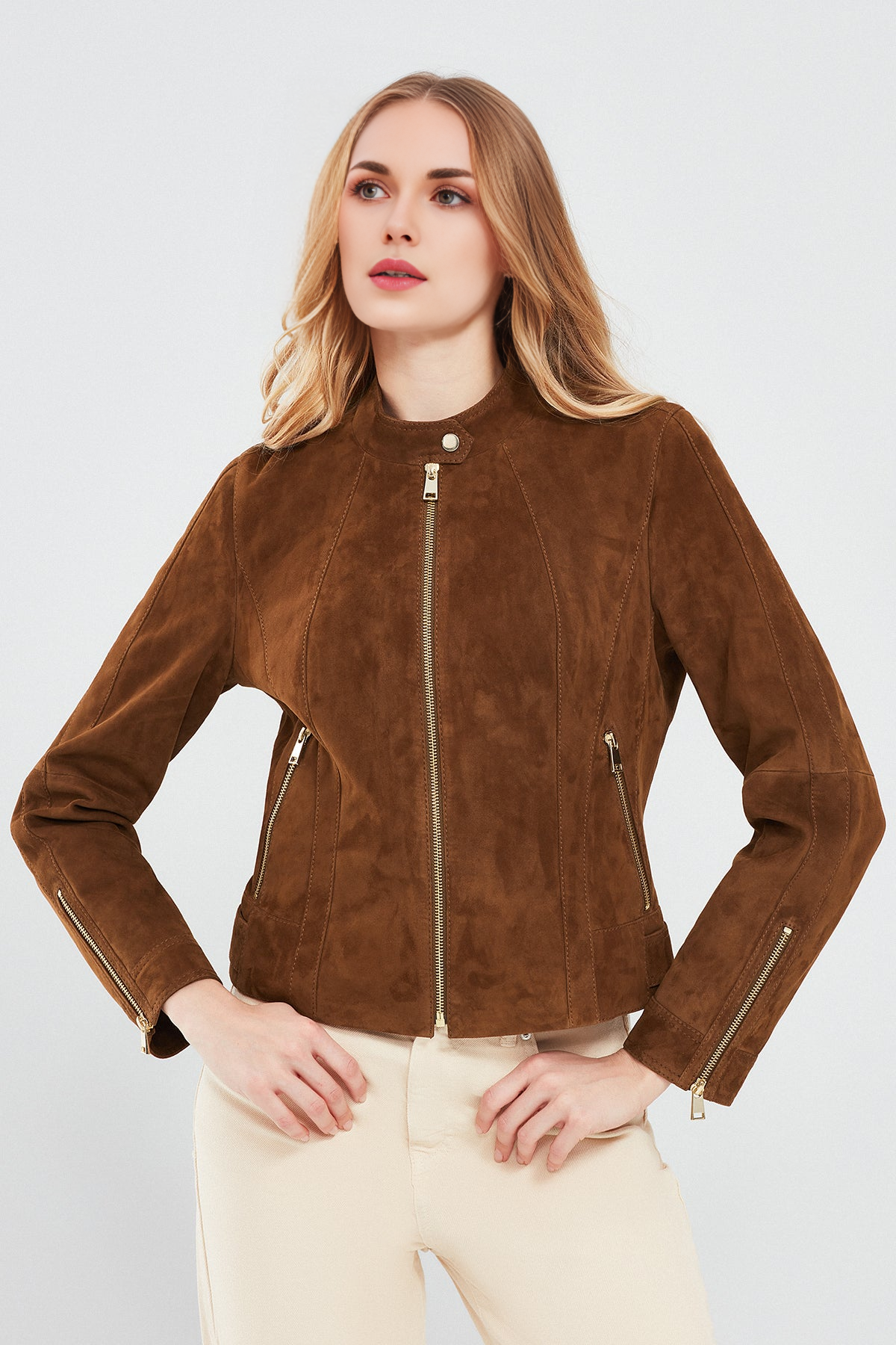 Brown Short Suede Leather Jacket For Women