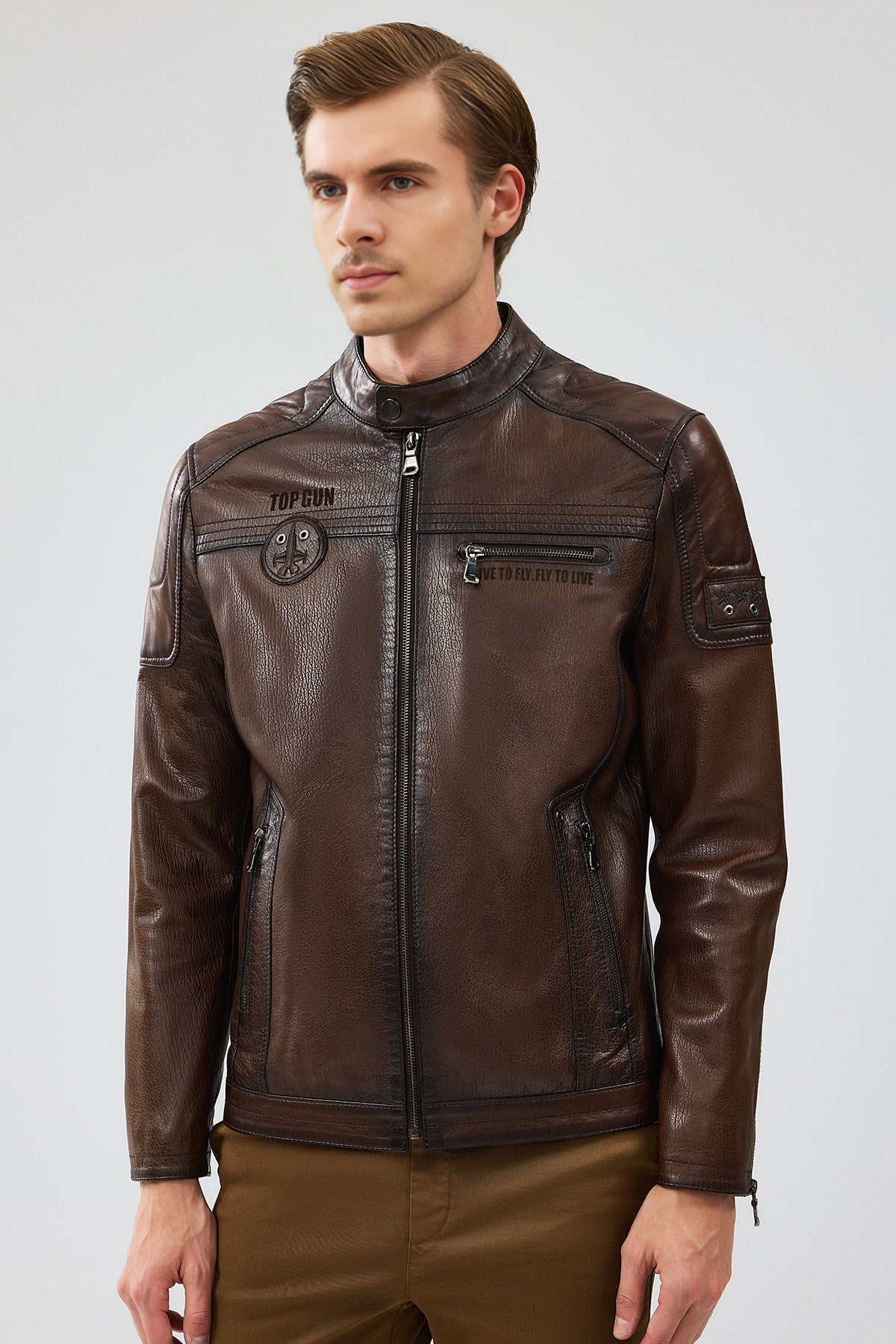 Brown Slim-Fit Leather Jacket For Men