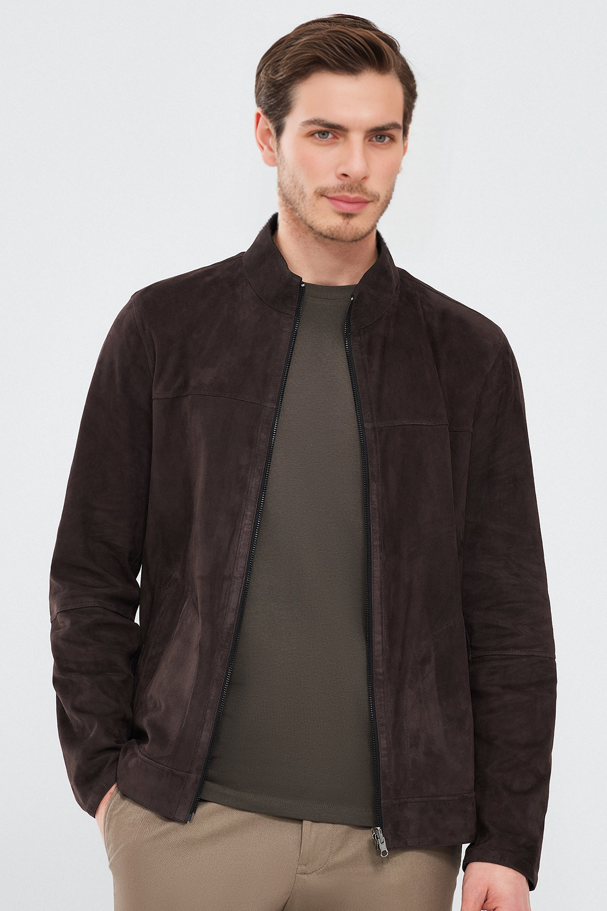 Brown Suede Double-Sided Leather Jacket For Men