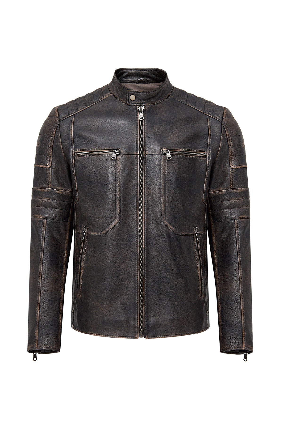 Brown Vintage Slim-Fit Leather Jacket For Men

