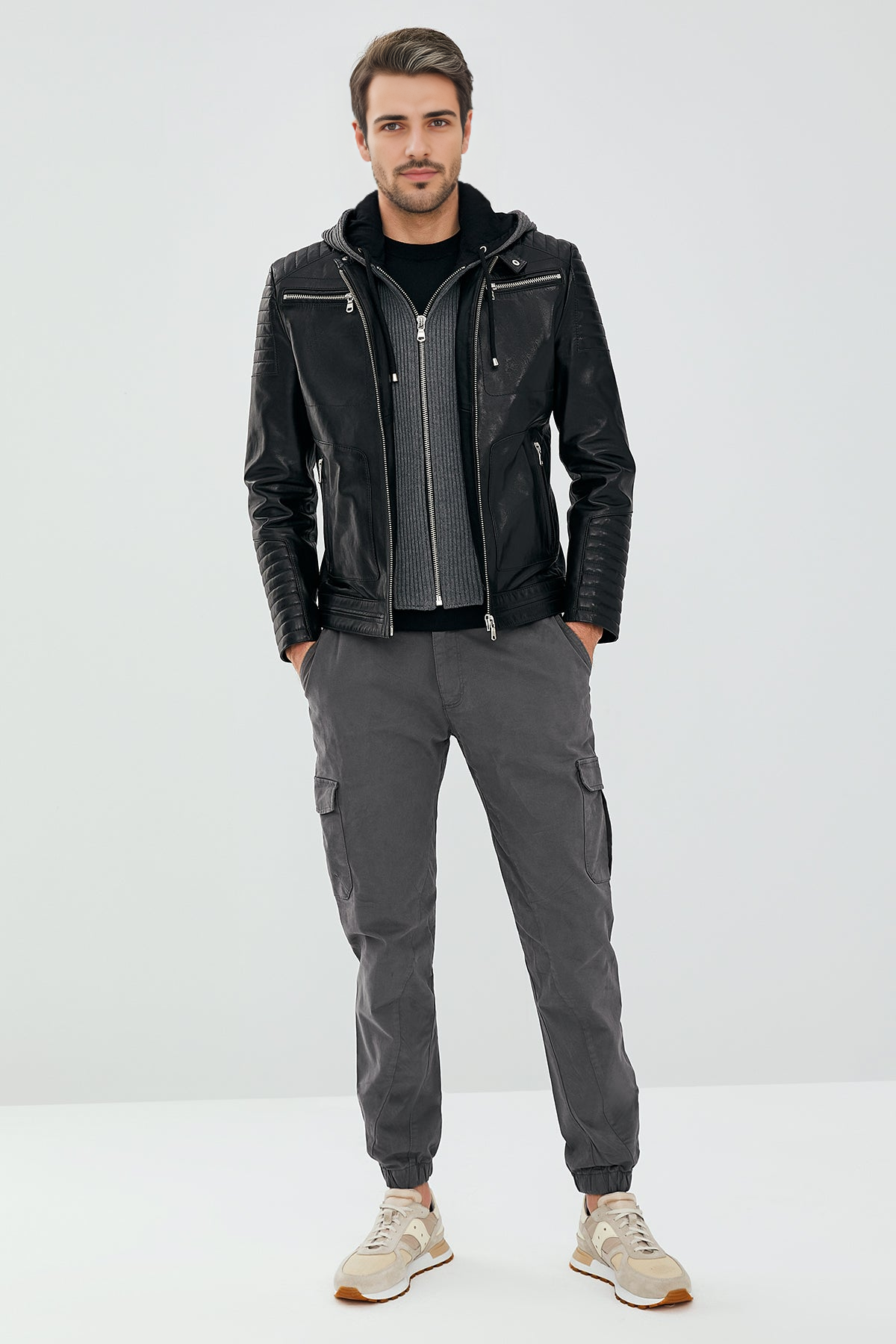 Danger Black Hooded Sport Leather Jacket For Men