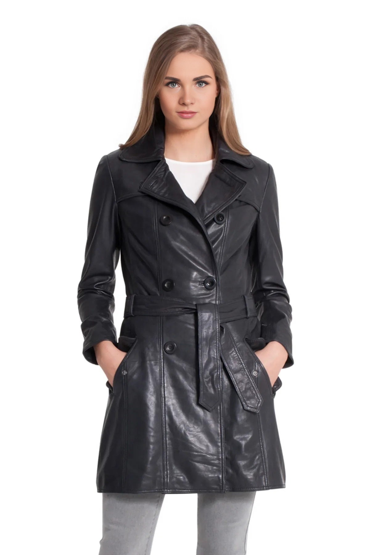 Betty Black Trench Leather Coat  For Women