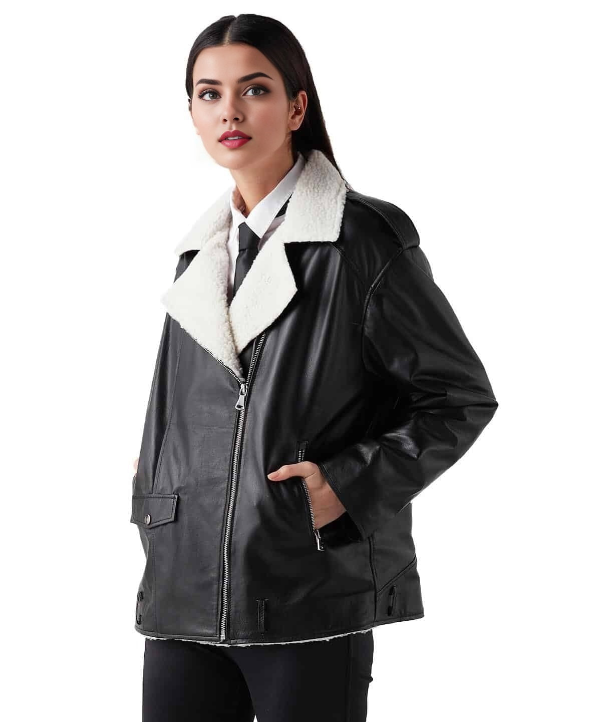 Andrea Black Fur Leather Jacket For Women