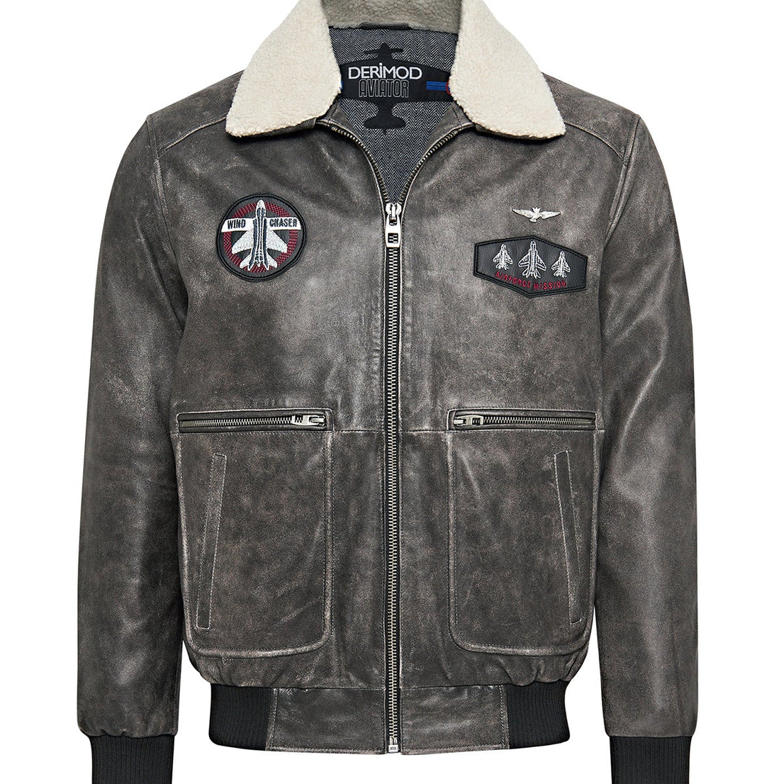 Grey Fur Collar Pilot Leather Jacket For Men