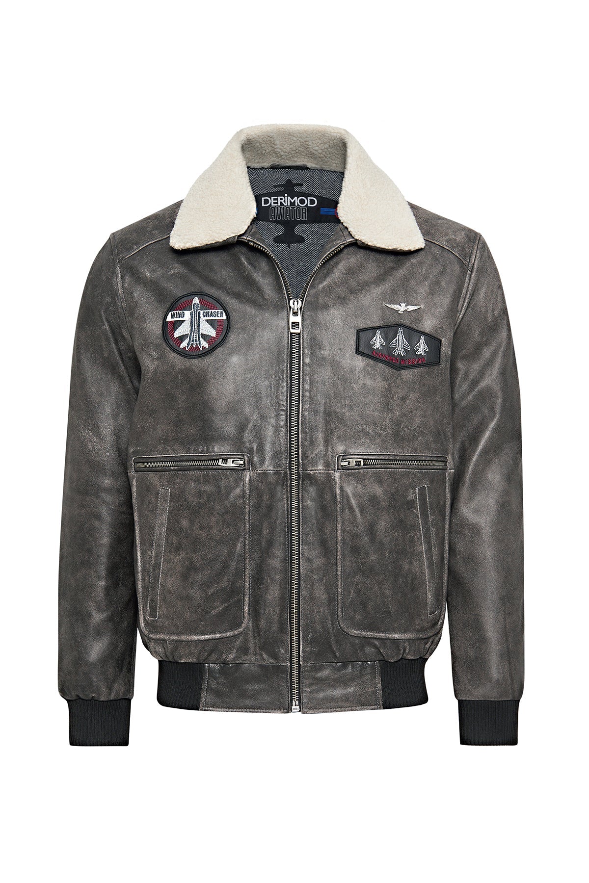 Grey Fur Collar Pilot Leather Jacket For Men