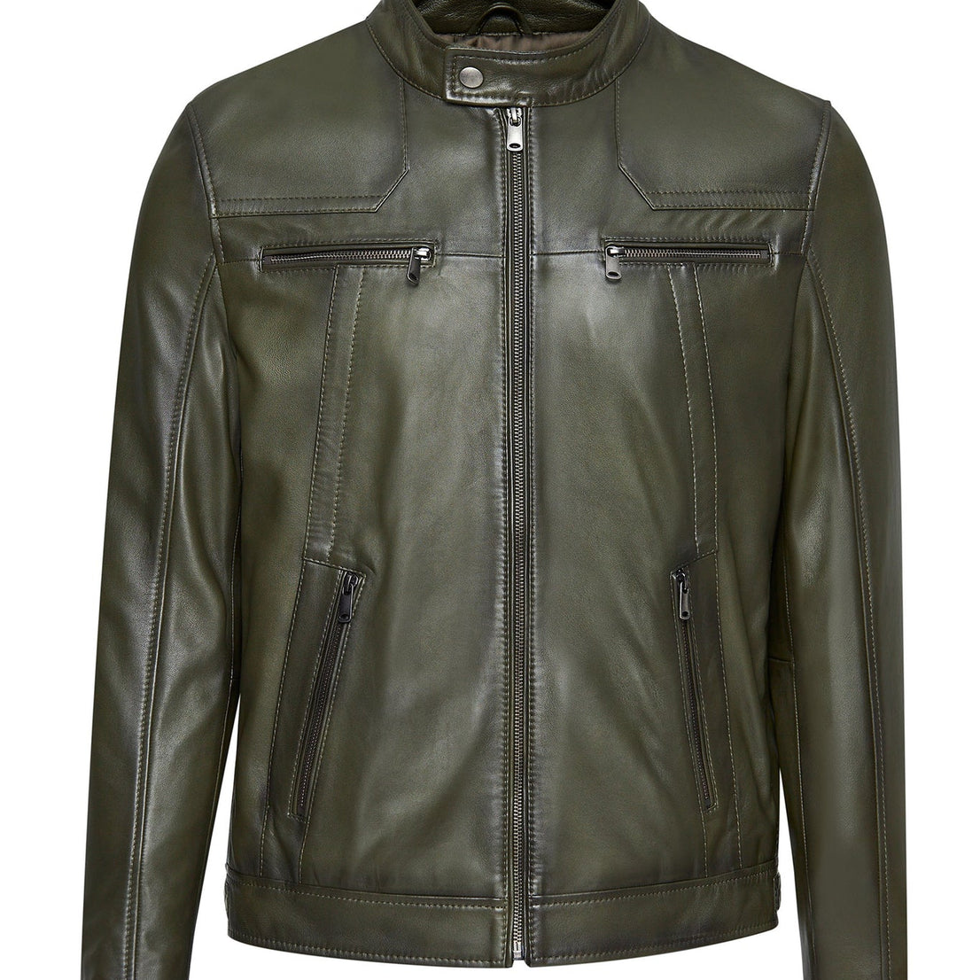 Khaki Mandarin Collar Leather Jacket For Men