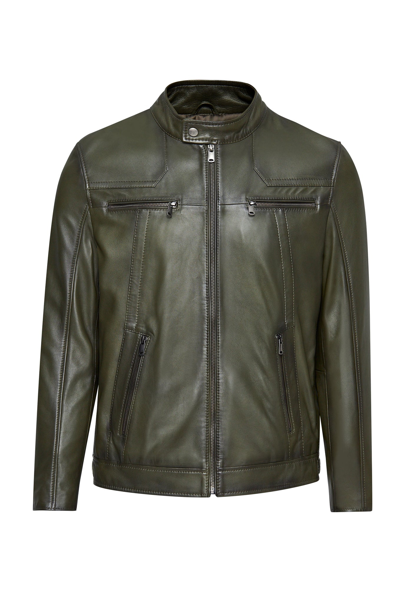 Khaki Mandarin Collar Leather Jacket For Men