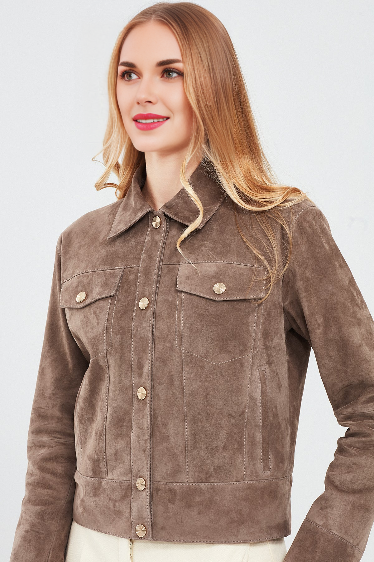 Mink Shirt Collar Short Suede Leather Jacket For Women