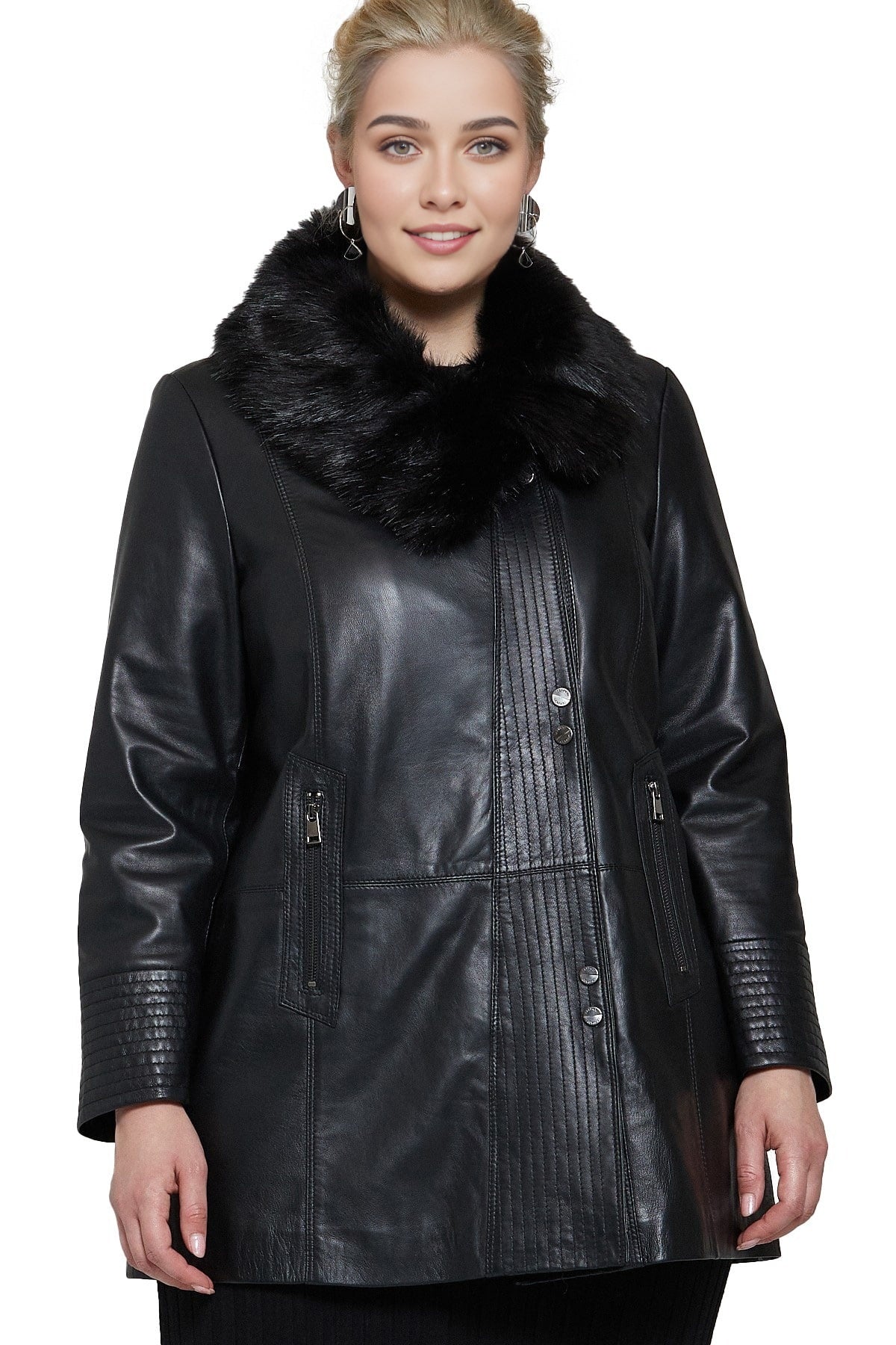 Michelle Black Trench Leather Coat For Women With Fur Collar