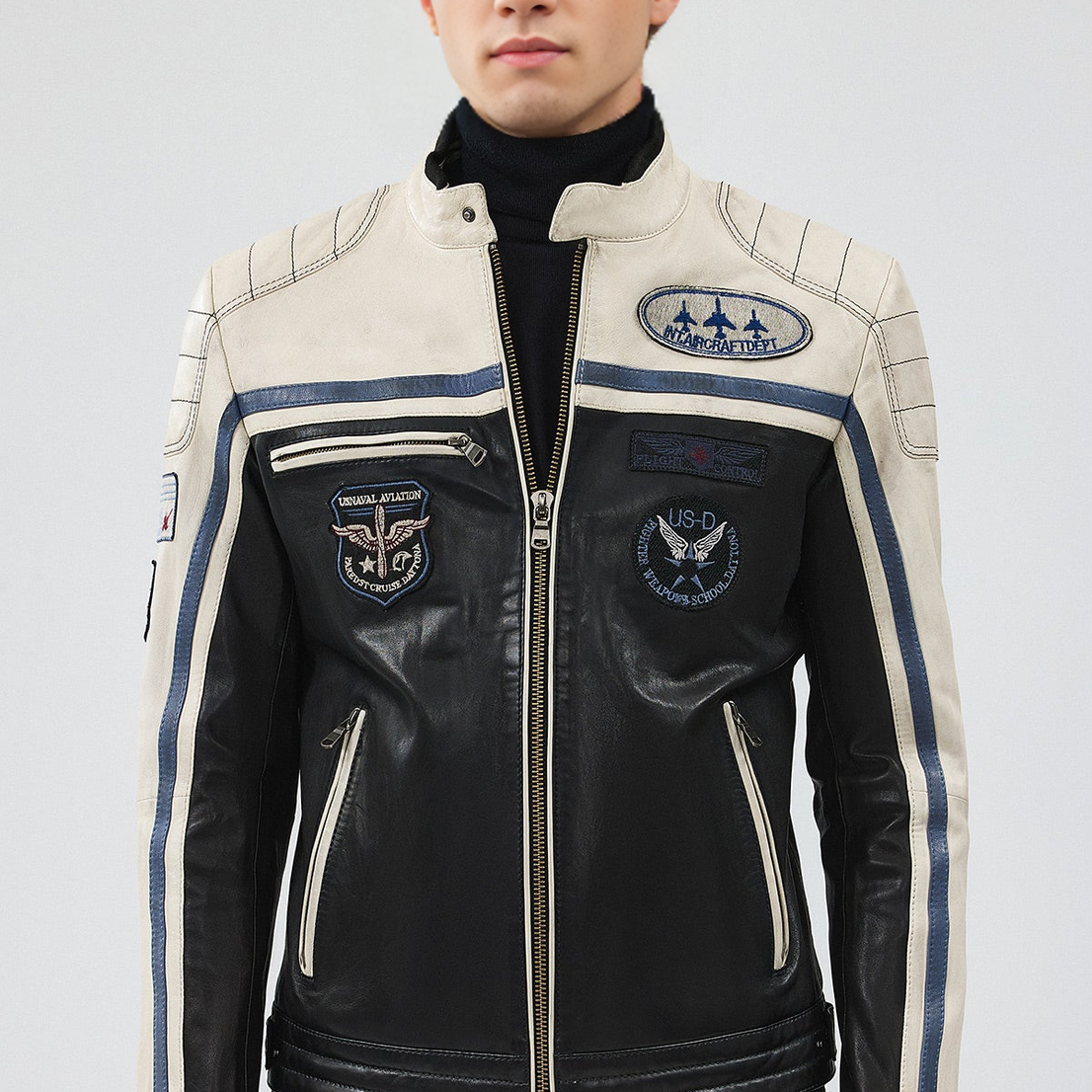 Takeoff Black Leather Jacket with Emblem For Men