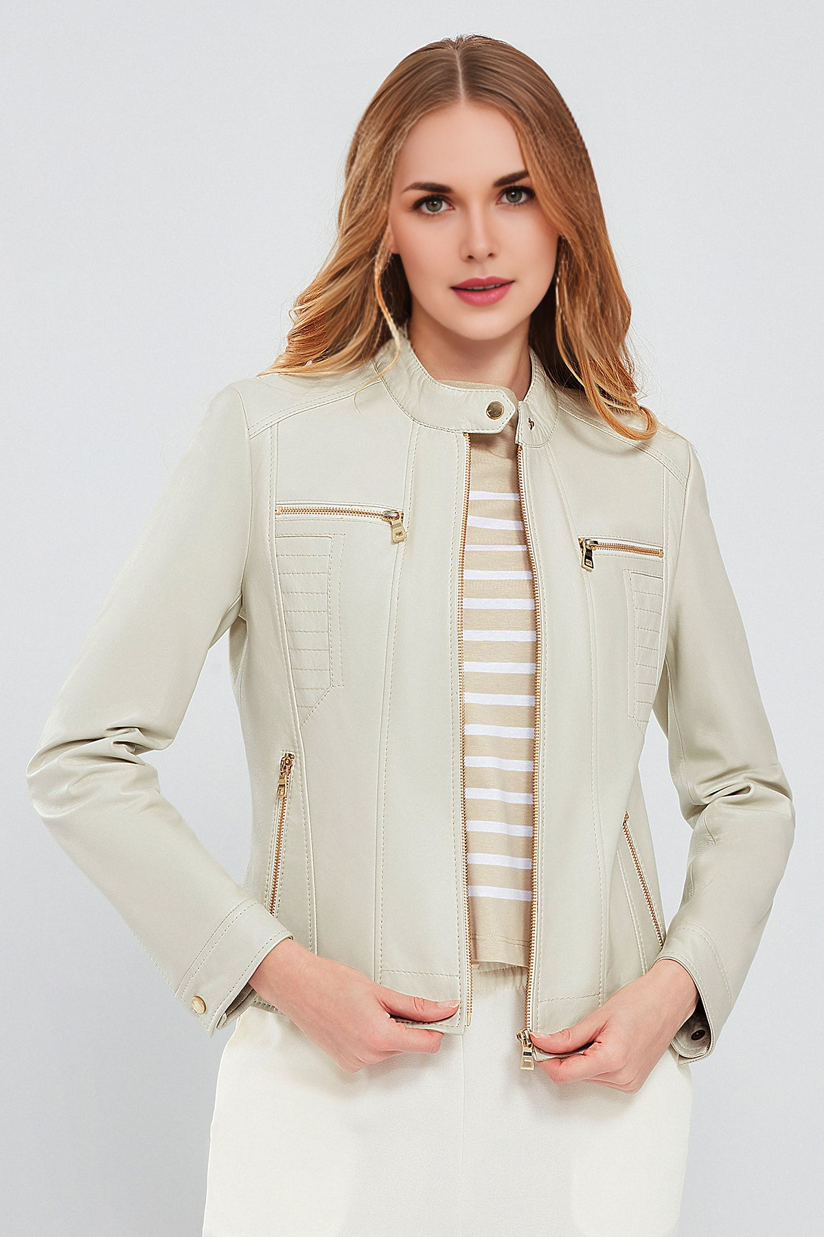 Women's Short Biege Leather Jacket