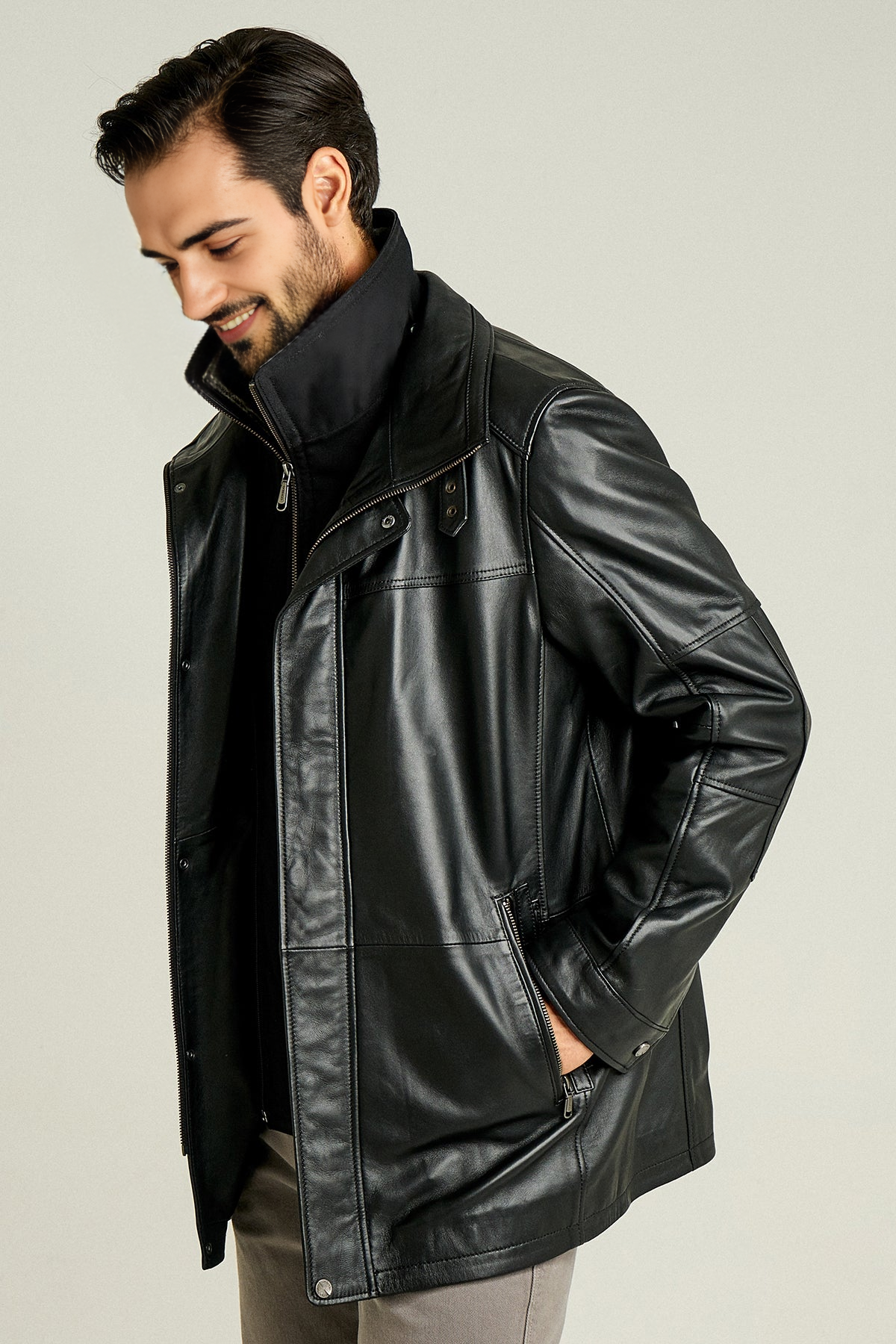 Eduardo Black Double Collar Furry Leather Coat For Men