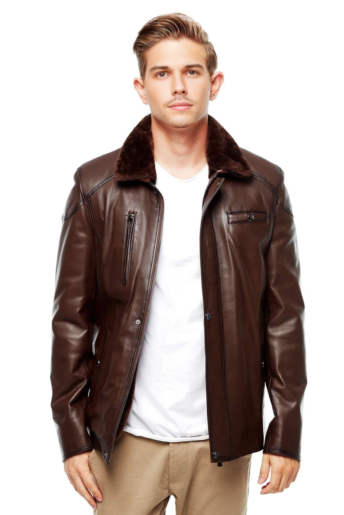 Bruce Brown Fur Collar Leather Jacket For Men