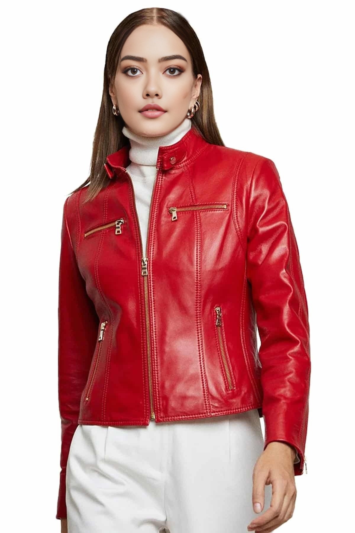 Mary Red Cafe Rider Leather Jacket For Women