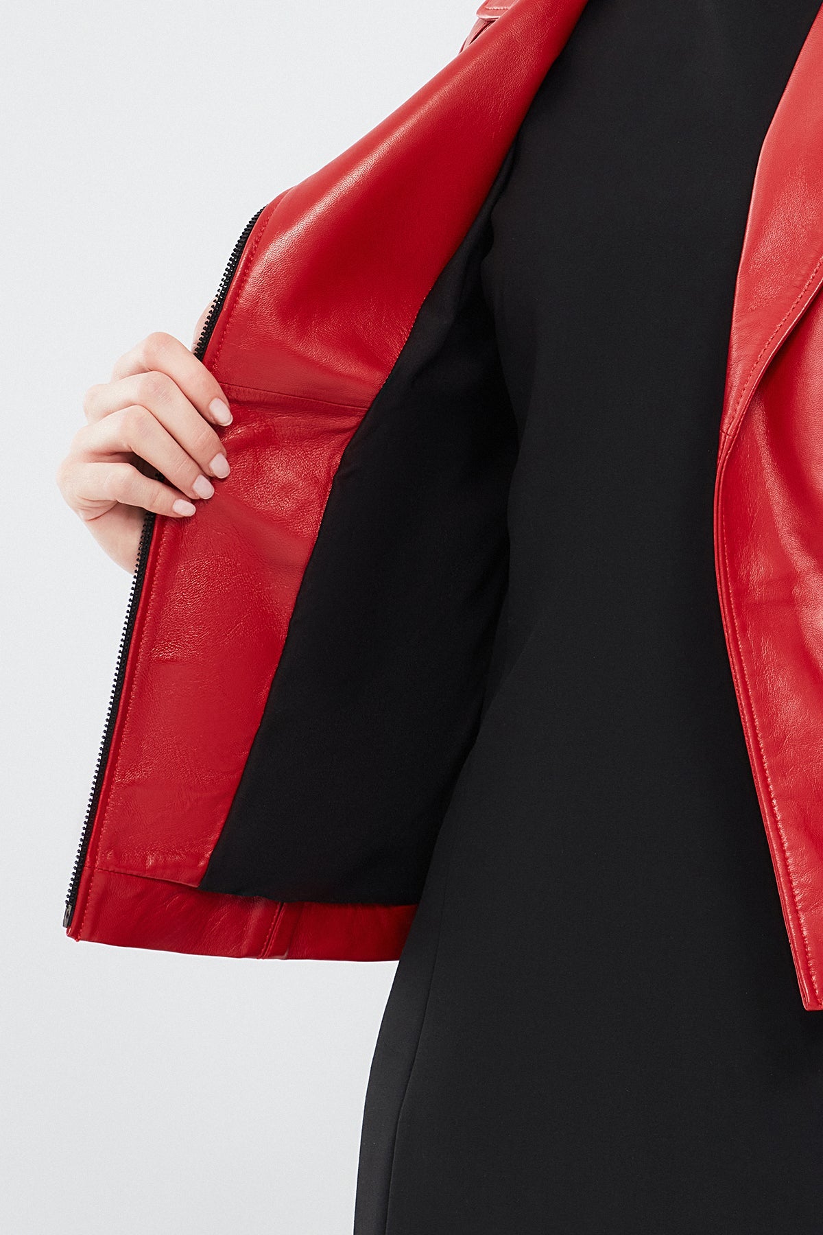 Kiara Red Slim-Fit Biker Leather Jacket For Women