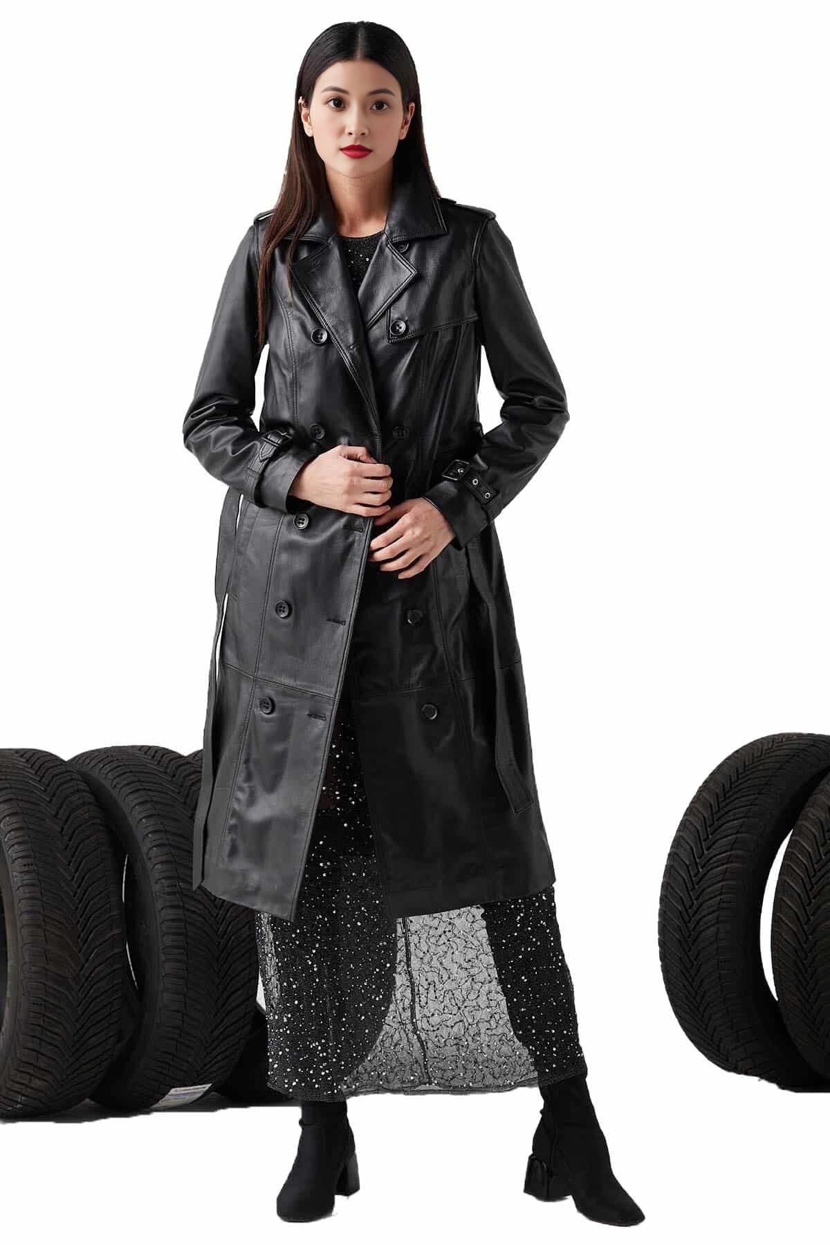 Lydia Black Long Trench Leather Coat For Women