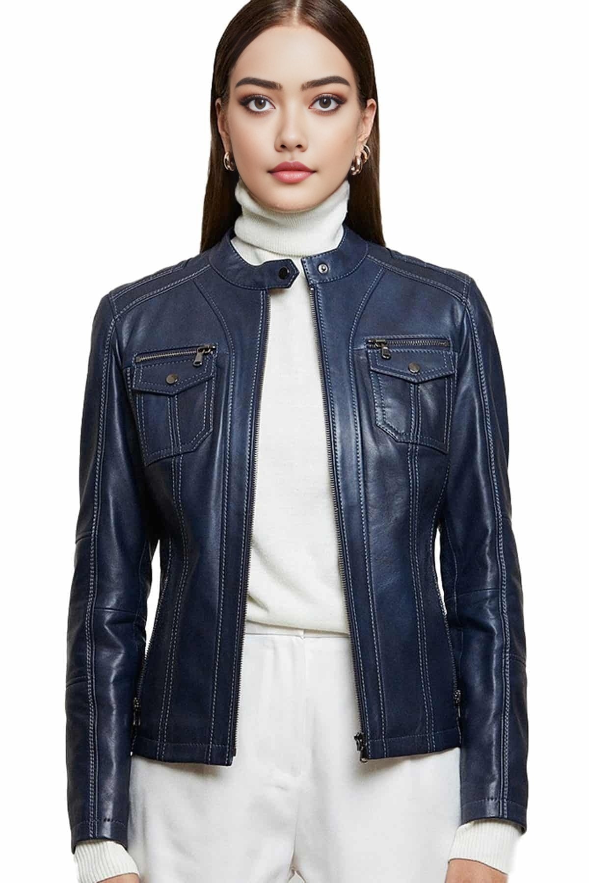 Aurora Blue Leather Jacket For Women