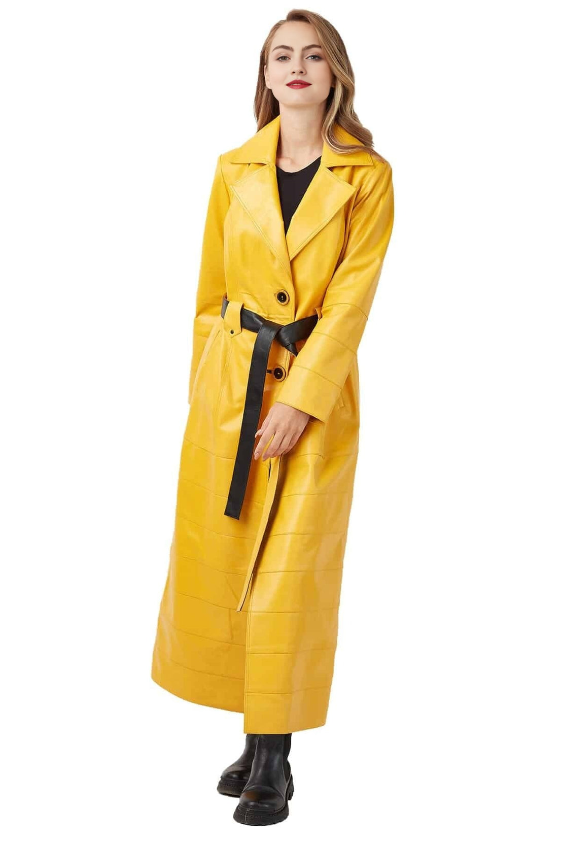 Madeline Yellow Long Leather Coat With Center Belted For Women