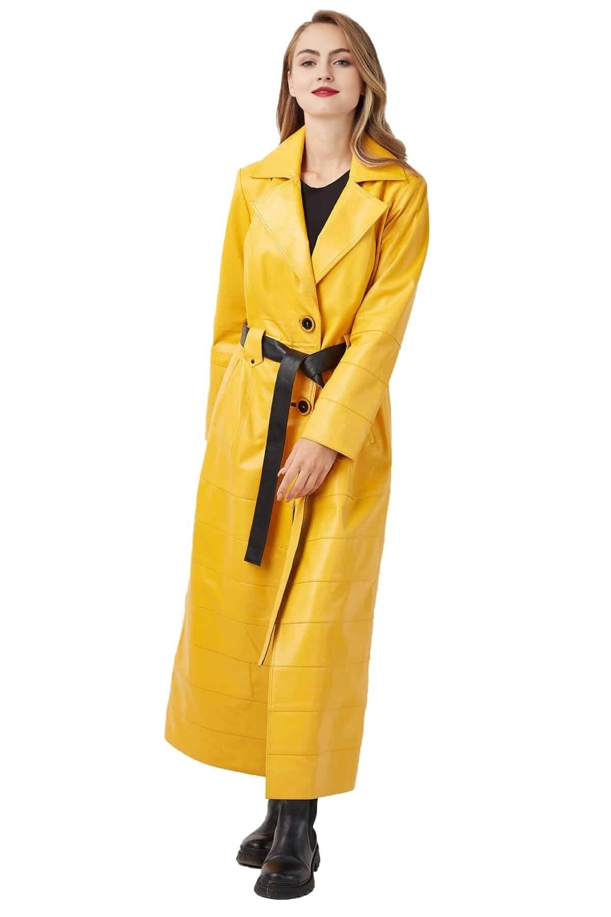 Madeline Yellow Long Leather Coat With Center Belted For Women