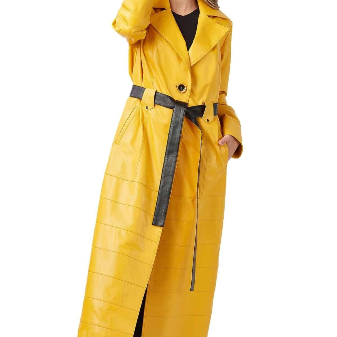 Madeline Yellow Long Leather Coat With Center Belted For Women