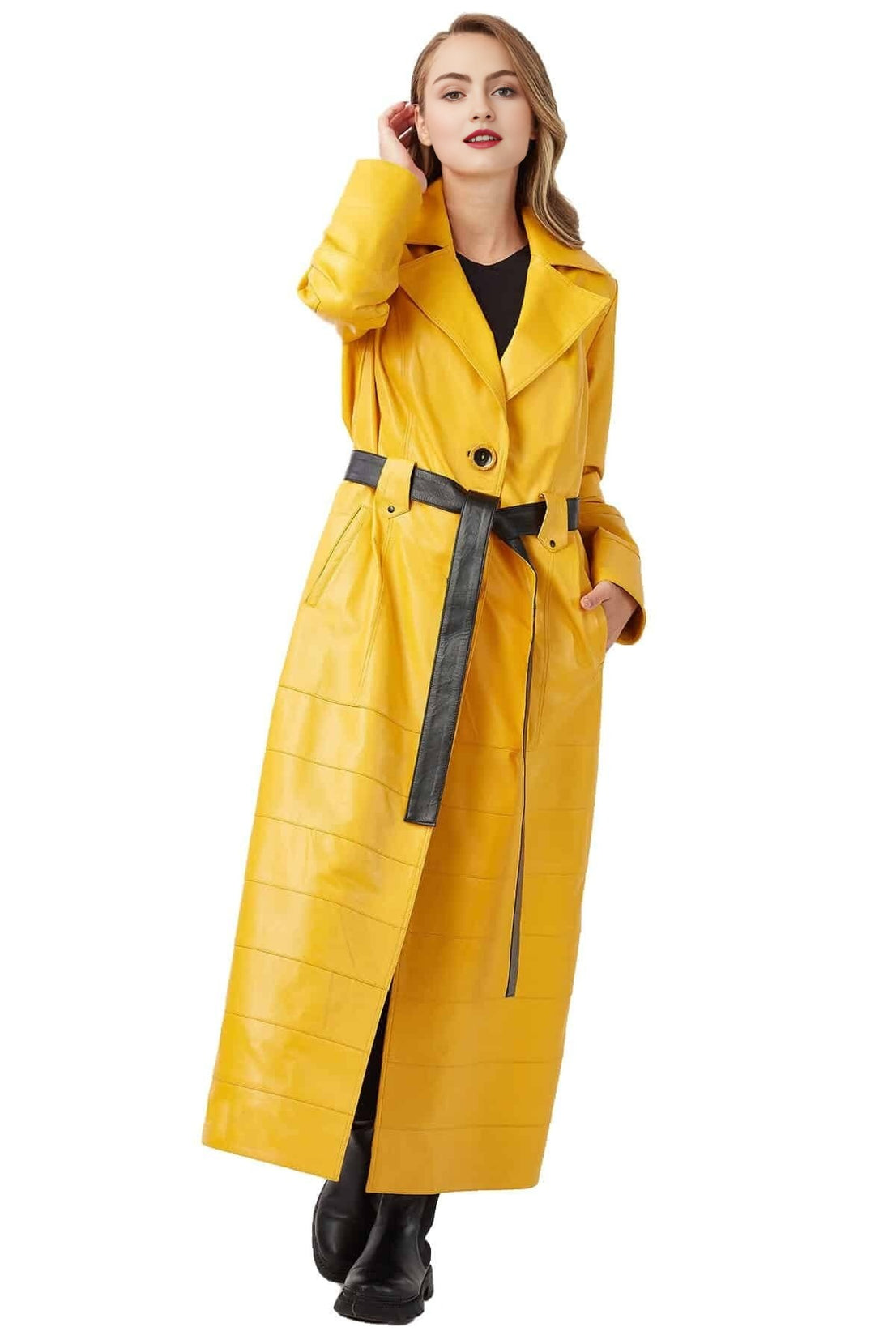 Madeline Yellow Long Leather Coat With Center Belted For Women