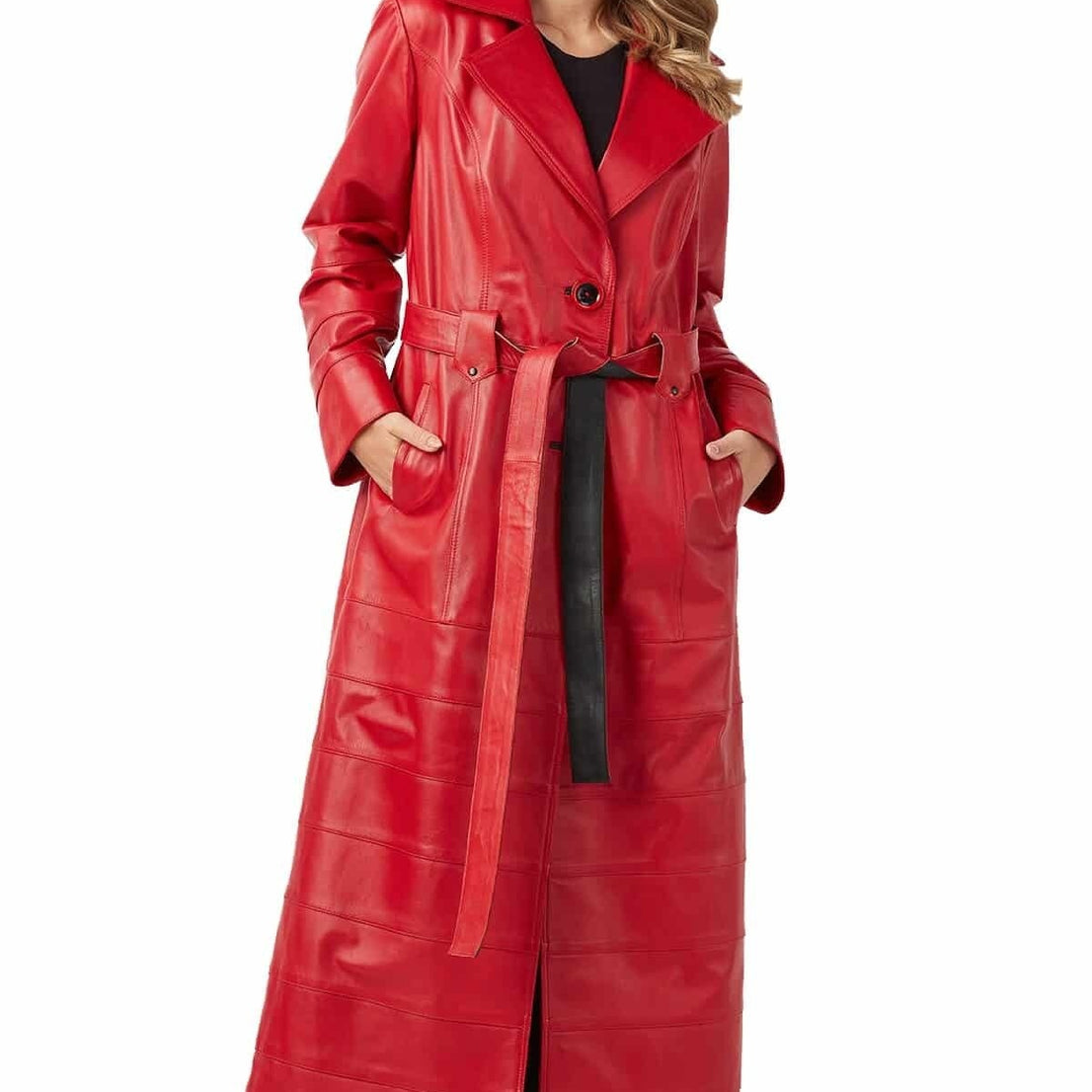 Kirsten Trench Red Long Leather Coat For Women