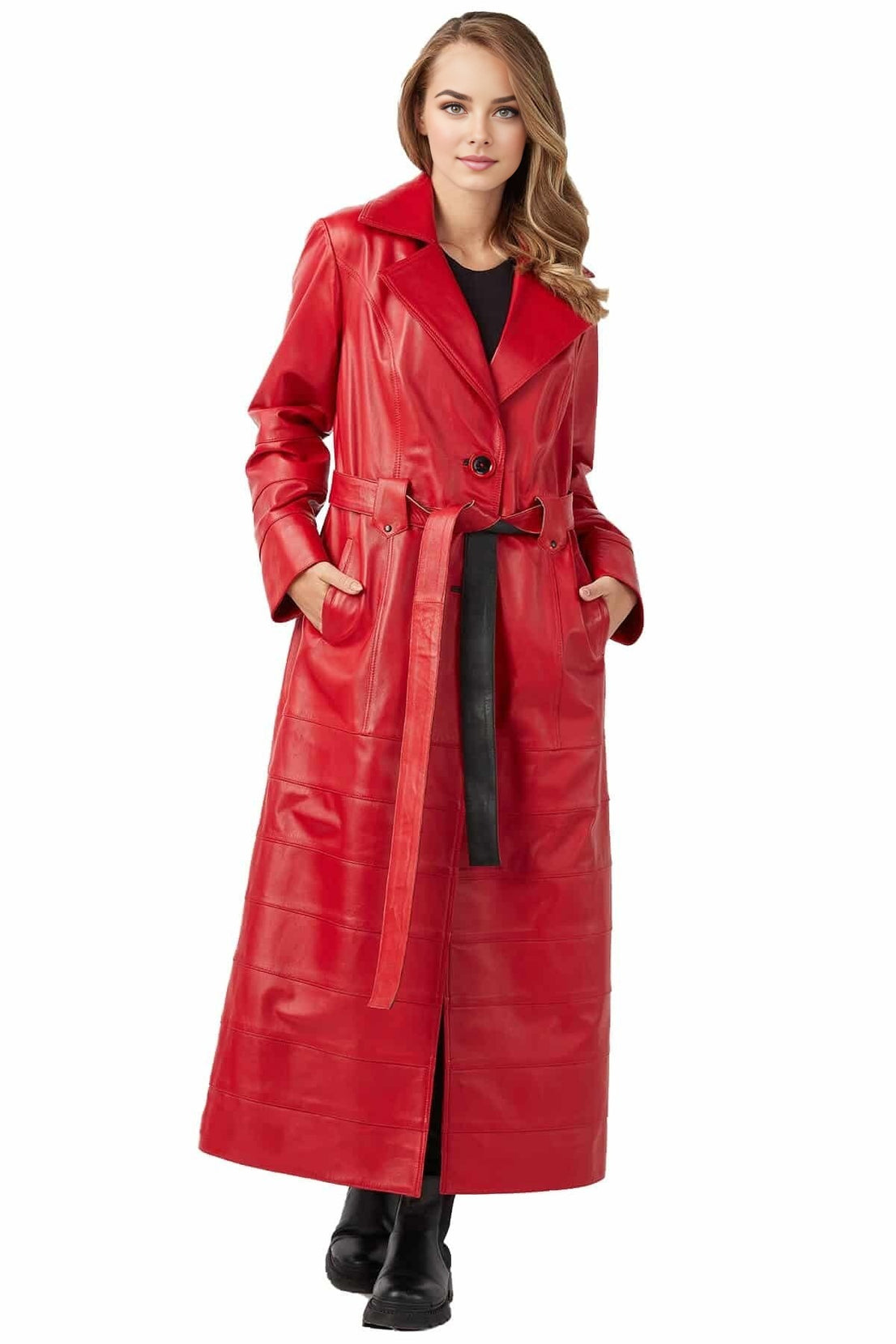 Kirsten Trench Red Long Leather Coat For Women